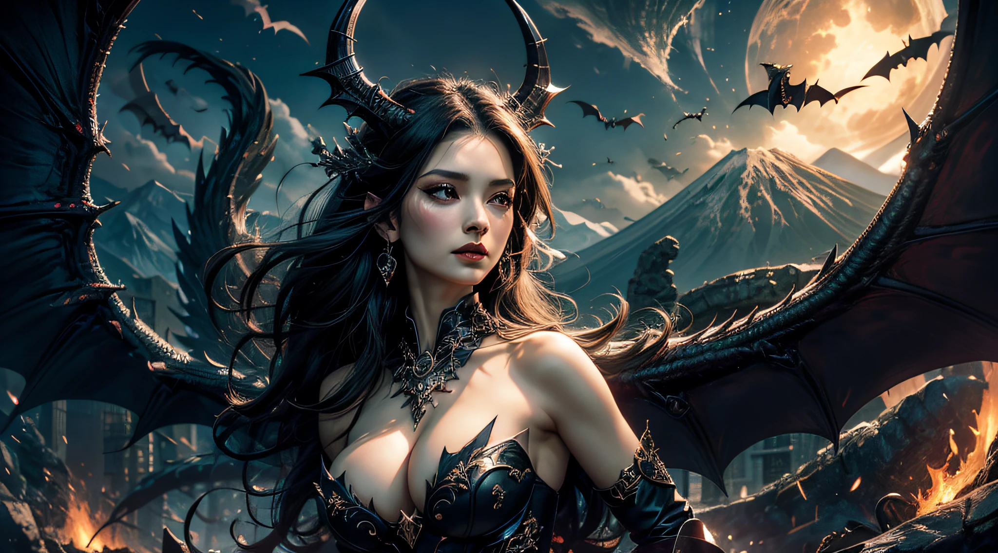 hyper HD，Raised sexy，A mature woman，Dragon's Horn，Large breasts，Bat wings，（Medium portrait：1.8），With volcano as background，Hellfire，mystic symbols，magia，theatrical