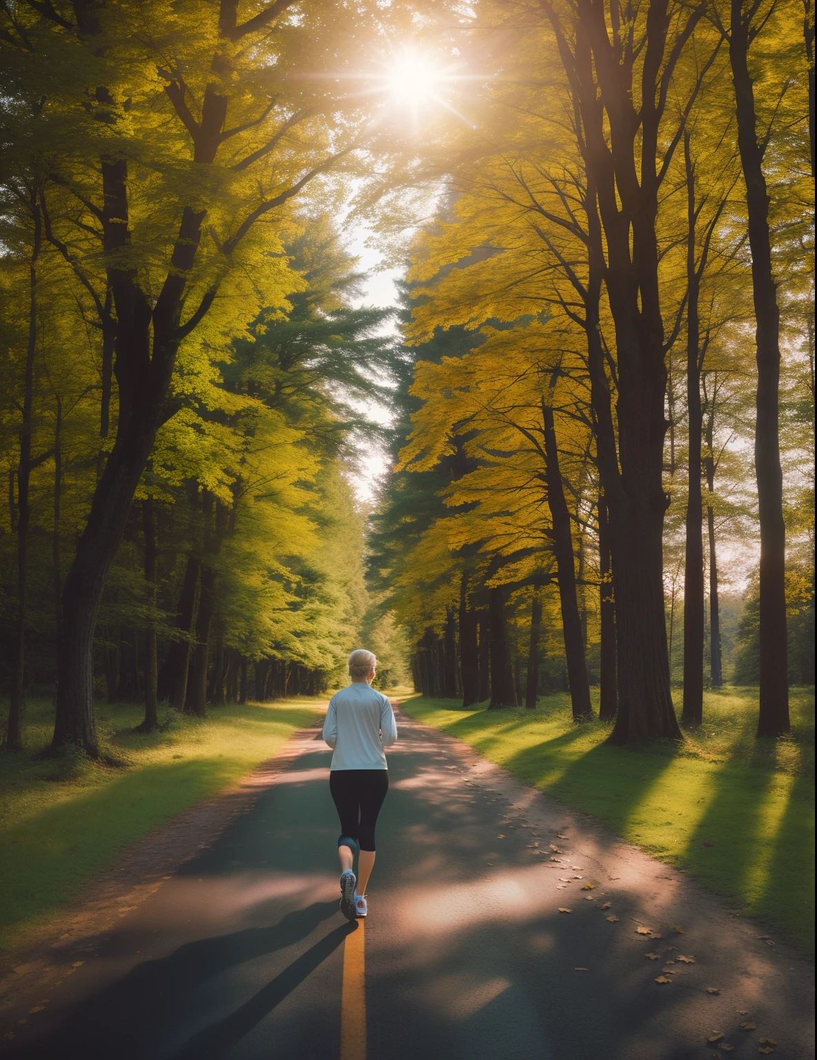 Photo of 22 year old 165 year old blonde girl, ultra realistic:: photo realistic:: cinematic film photography:: digital photography:: analog film photography:: motion picture photography:: magazine photography:: glamor photography, With forest road natural scenery or trees in the background . As the sun sinks below the horizon, Nissachan goes for a light evening jog in her sportswear. He watches the tree leaves fall to the ground and feels a sense of peace amidst the sound of the forest.