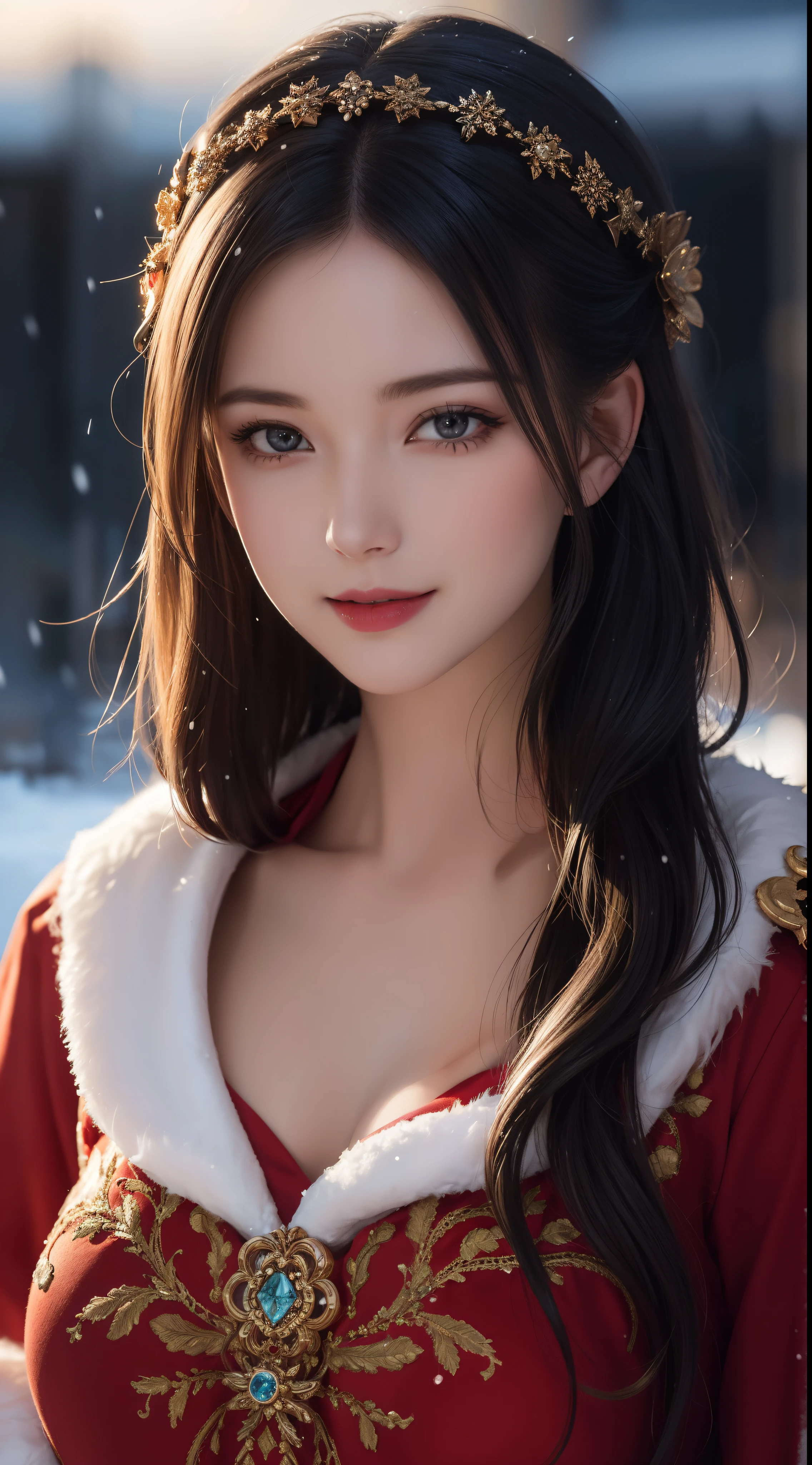 (Aesthetic, High Resolution: 1.2), full-body portrait of a beautiful 20-year-old woman wearing an intricately detailed red boby Santa Claus costume, symmetrical costume structure, bright clear eyes, happy smile, changing hairstyle, falling snow, snow in hair. Professional photographer, minimalism, conceptual art, intricate detail, 8k post-production, High Definition, Ultra Detail, trending on ArtStation, sharp focus, artistic dark studio photos, details Intricate details, Highly detailed, By Greg Rutkowski, professional light and dark art, Vibrant colors. Outdoor winter scene with snow in the evening, A slight smile, True art, many hairstyles and color changes, Passionate mood, Seductive expressions, Sexy lips, Wet lips, Eyes seductive aim, seductive appearance, seductive posture.