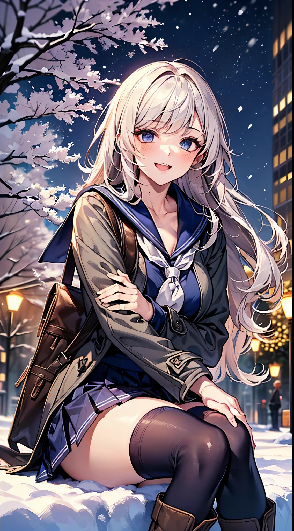 ((((perfect ???????, super detailed skin)))), 1 girl, japanese, high school girl, shiny skin, large breasts:0.5, looking away, looking up, watching the view, from below, 
beautiful hair, beautiful face, beautiful detailed eyes, (long hair:1.7, side ponytail:1.5), blond hair, blue eyes, 
beautiful clavicle, beautiful body, beautiful chest, beautiful thigh, beautiful legs, babyface, mole under eye, 
(((gray duffle coat), ((long sleeves)), all navy sailor suit, navy pleated skirt, navy sailor collar, red sailor scarf, thigh-highs, short boots), school bag, cross necklace), seductive thighs, , 
((smile:1.5, open your mouth wide)), sitting, (((hugging white cat, a lot of cats gather))), 
(beautiful scenery), winter, midnight, hokkaido, sapporo, odori park, christmas, (christmas tree), illumination, tv tower, snow, snowfall:1.5, freezing weather, frost, 
(8k, top-quality, masterpiece​:1.2, extremely detailed), (photorealistic), beautiful illustration, cinematic lighting,