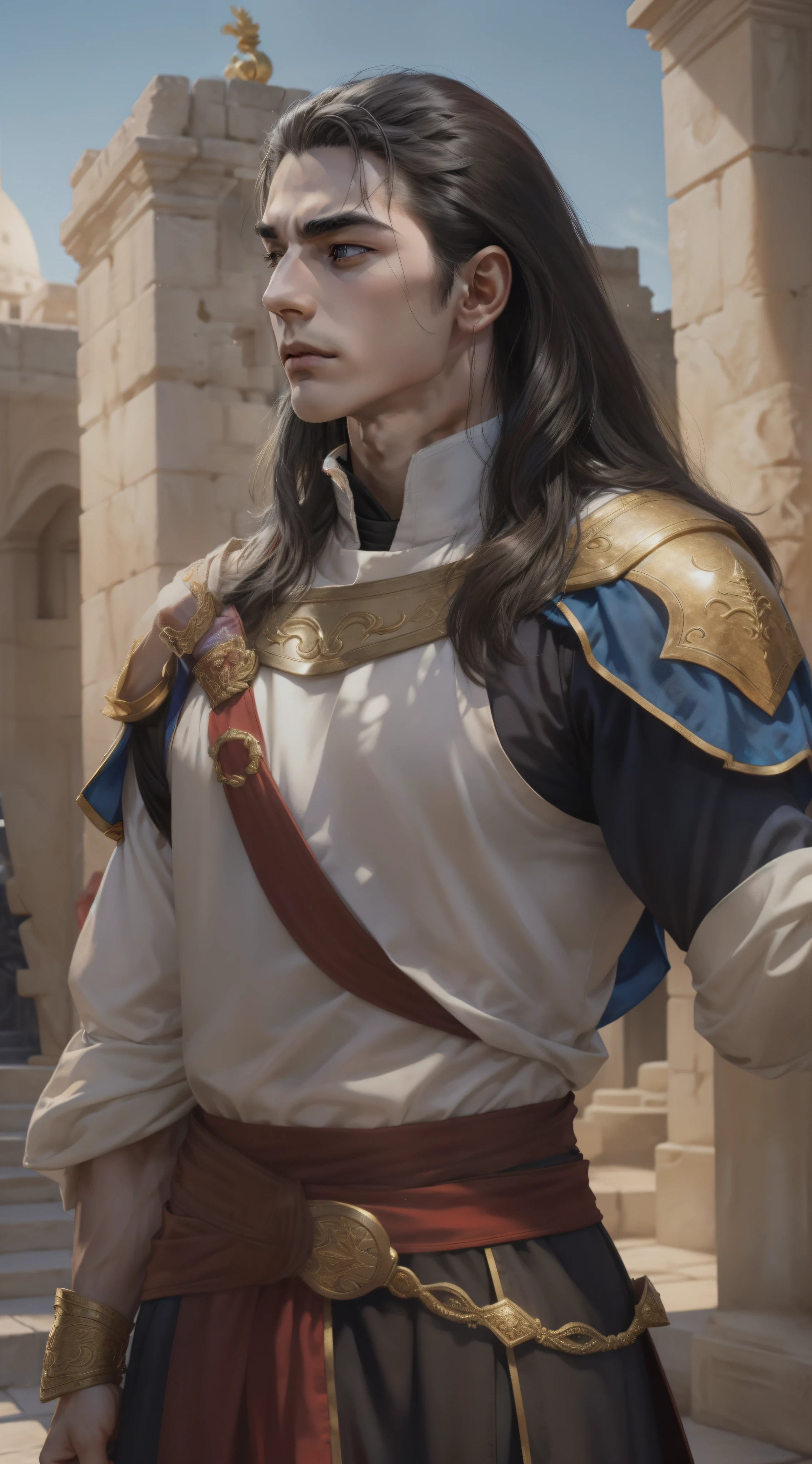 A young man, (((独奏)))), (25 years, pale skin, strong brute body, ah high, pale skin, round face, square jaw, Brown eyes, Long black hair, thick eyebrow), (he has a small red jewel in the middle of his forehead: 1.30) (he is a paladin, wears a costume of long fabric, of red and white colors, with shoulder pads and golden bracelets), He prays in the ancient city, with white marble structures, blue skies, a closeup of a, medieval fantasy