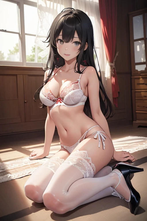 (masterpiece, best quality:1.2), cowboy shot, solo, 1girl, yukinoshita yukino, smile, face, red face, moan face, ((looking at viever:1.4)), ((white lace bra:1.4)), ((white lace panties)), ((black pantyhose)), ((full body)), ((on all four)), living room, ((black heels)),