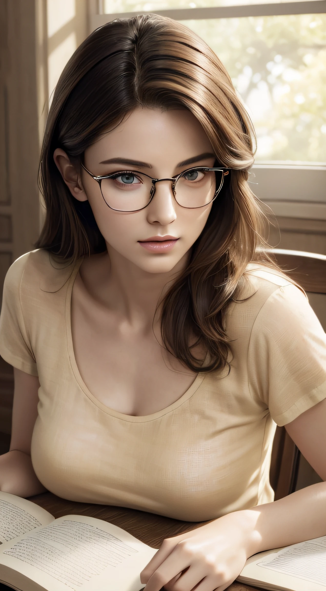 (Masterpiece, best quality, award winning, photorealistic, highres, UHD :1.4), ((from high angle)), portrait, sharp focus, upper body, 1 beautiful European female, pretty model, skinny, slim figure, breasts, realistic pale skin, realistic detailed modeling face, beautiful eyes, stylish brown layered hairstyle, highly detailed realistic hair, glossy lips, eye liner, blush, attractive, stunning, ((photorealistic, realistic, super realistic, realism, realistic detail)), (pale yellow linen tee), wearing glasses, reading book, on table, dynamic lighting, volumetric lighting