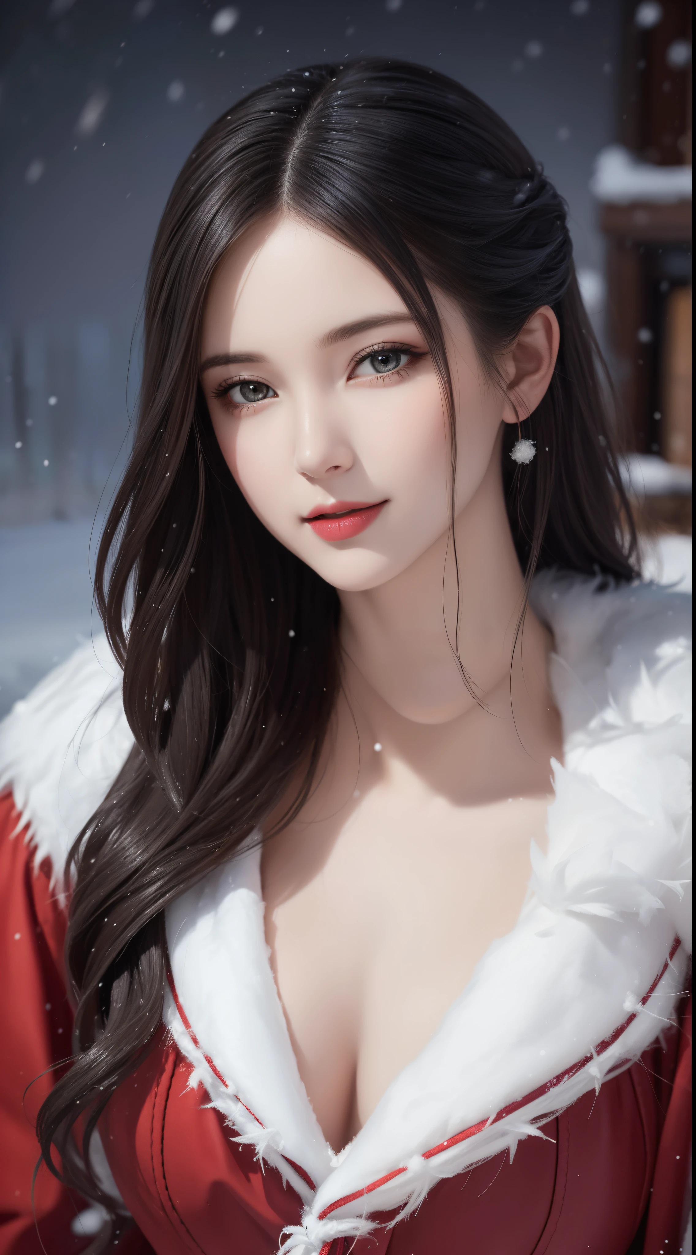 (Aesthetic, High Resolution: 1.2), beautiful 20 year old woman wearing an intricately detailed red boby Santa Claus costume, symmetrical costume structure, bright eyes, cheerful smile , hairstyle changes, snow is falling, snow in hair. Professional photographer, minimalism, concept art, intricate detail, 8k post-production, High Definition, Super Detail, trending on ArtStation, sharp focus, artistic dark studio photos , intricate detail, High detail, By Greg Rutkowski, Low light, professional light and dark art, Vivid colors. Outdoor winter scene with snow in the evening, A slight smile, True art, various hairstyles and color changes, Passionate mood, Seductive expressions, Sexy lips, Wet lips , Seductive closed eyes, Seductive appearance, suggestive posture.