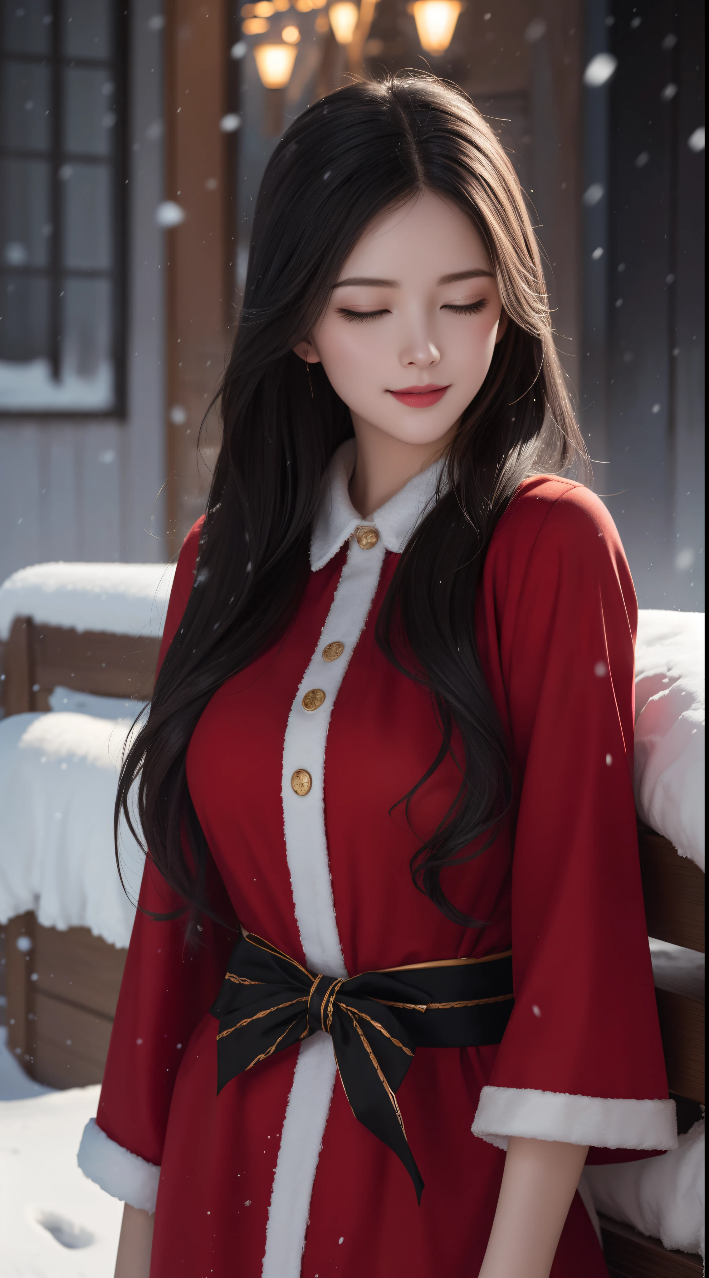 (Aesthetic, High Resolution: 1.2), full-body portrait of a beautiful 20-year-old woman wearing an intricately detailed red boby Santa Claus costume, symmetrical costume structure, clear eyes bright, happy smile, changed hairstyle, snow is falling, snow in hair. Professional photographer, minimalism, concept art, intricate detail, 8k post-production, High Definition, Super Detail, trending on ArtStation, sharp focus, artistic dark studio photos , intricate detail, High detail, By Greg Rutkowski, Low light, professional light and dark art, Vivid colors. Outdoor winter scene with snow in the evening, A slight smile, True art, various hairstyles and color changes, Passionate mood, Seductive expressions, Sexy lips, Wet lips , Seductive closed eyes, Seductive appearance, suggestive posture.