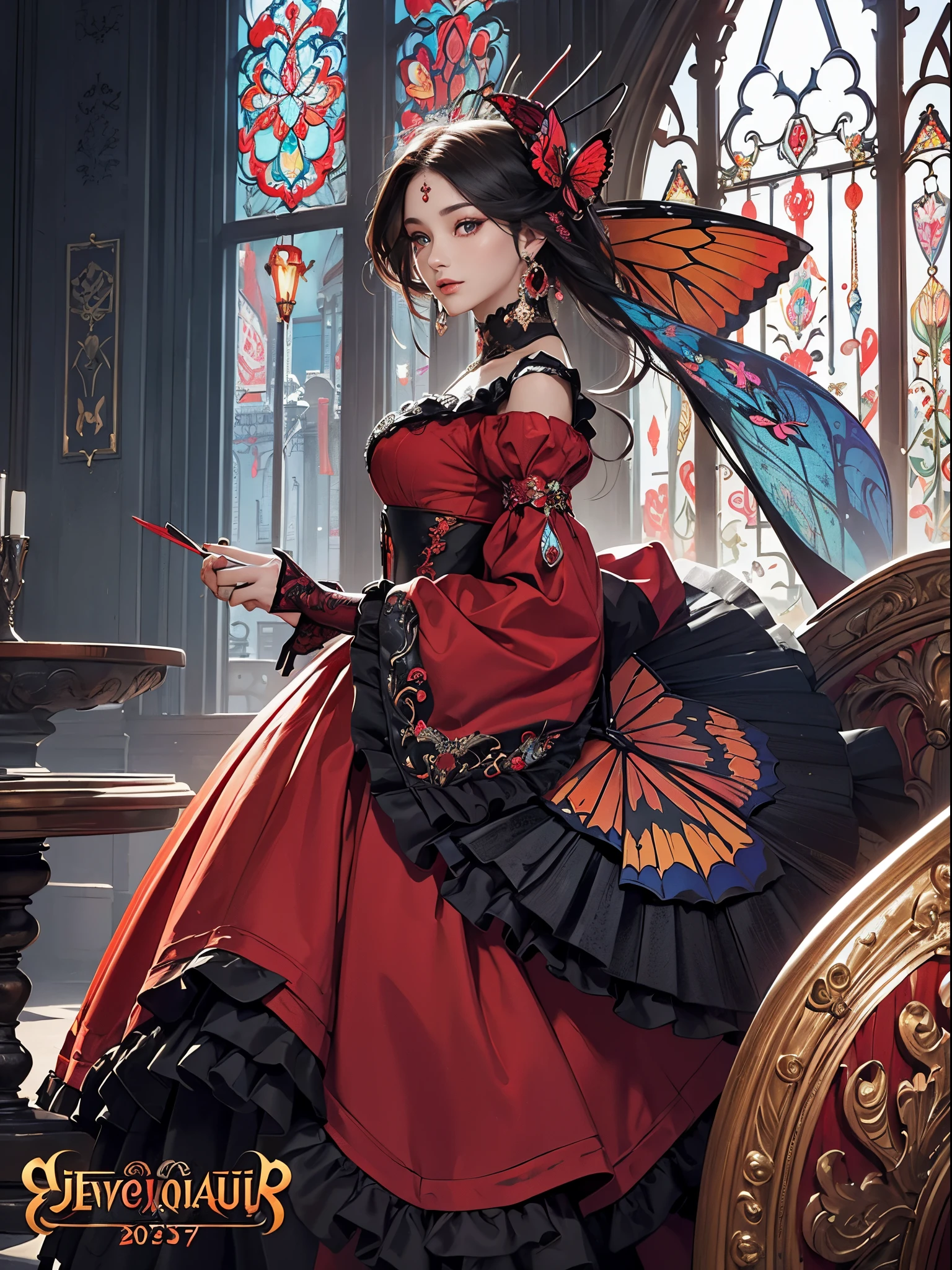 Butterfly motif、scarlet and black tones、Vibrant colors、((​masterpiece)))、(((top-quality)))、((ultra-detailliert))、(A hyper-realistic)、(highly detailed CGillustration）、From the right side、Official art、Cologne in the early 20th century、red window、Decadent、Madame Papillon、Cool Beauty、Masquerade、refinement、Elegance、Gorgeous、Masks that cover most of the face、Colorful and detailed mask design、matchless beauty、Fans、gorgeous dress、jewely、Perfect Angle、perfect-composition。full body Esbian