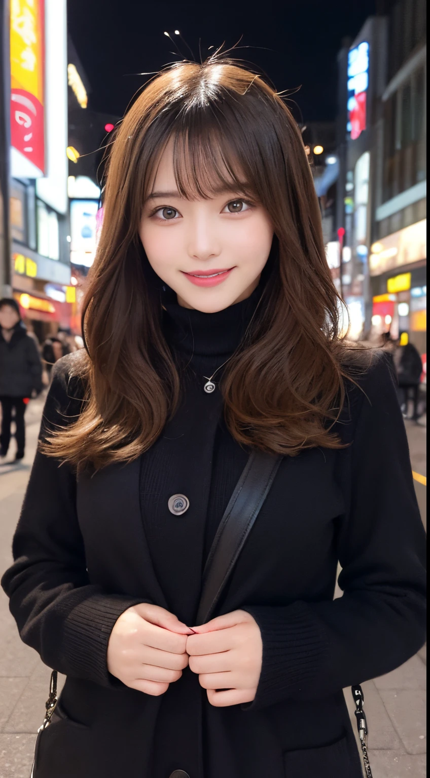 masutepiece, Best Quality, Illustration, Ultra-detailed, finely detail, hight resolution, 8K Wallpaper, Perfect dynamic composition, Beautiful detailed eyes, Cold winter clothes,Medium Hair,Small breasts natural color lip, Gravure Pose,Smile,Harajuku、20 years girl、Cute、Taken in front of the camera,nighttime scene,Blur background