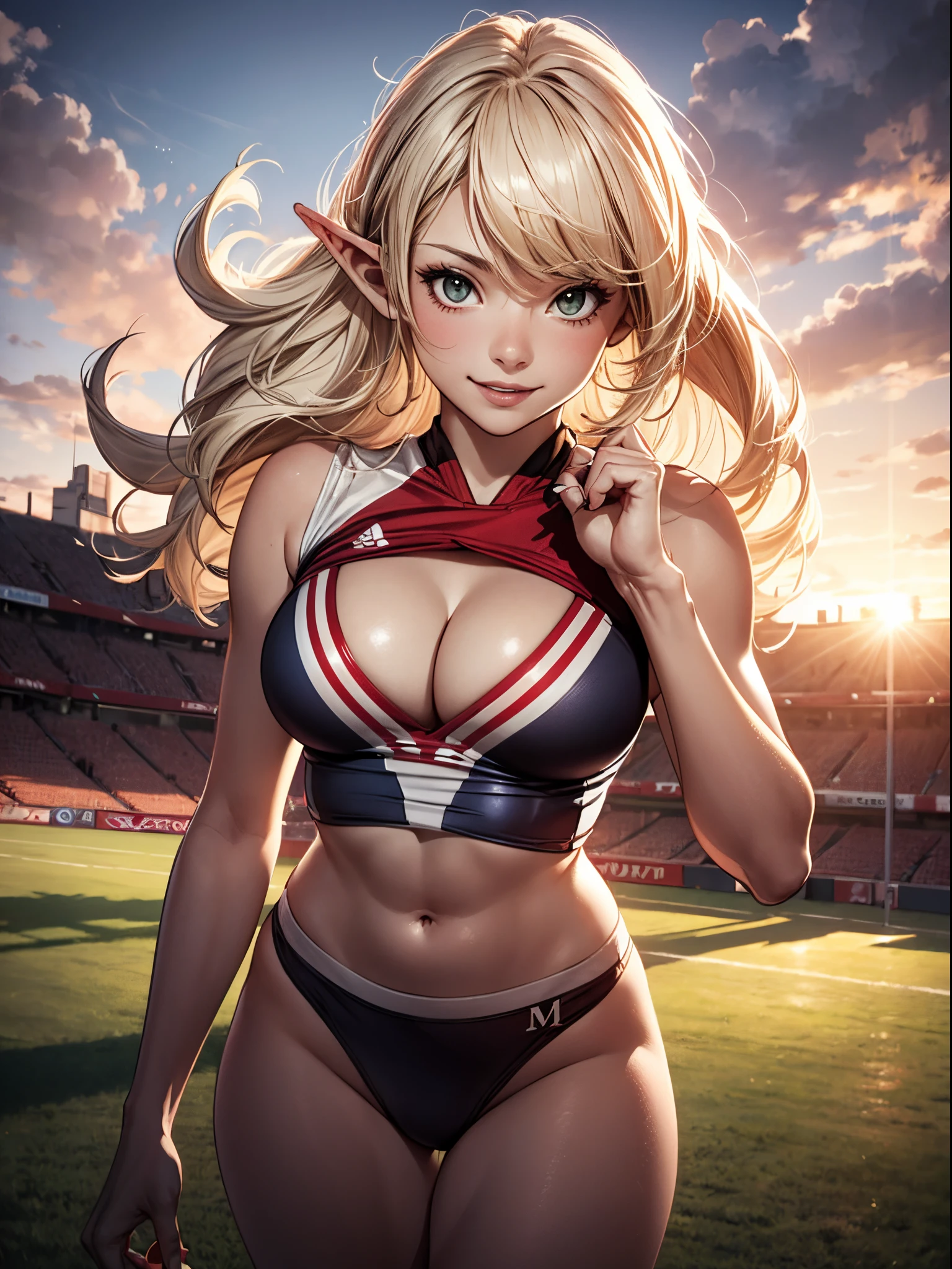 (​masterpiece), (top-quality), sunset, natural lights, ,(realistic:1.5), Sydney Sweeney as a Stunningly beautiful cheerleader, elf girl, pointed ears,cheerleader uniform, curvaceous, medieval fantasy, wavy hair, hair blowing in the wind,  blonde_hair, tanned, wearing a revealing cheerleader uniform, cleavage, sexy, sensual, hazel eyes, smiling, sexy pose, athletic, looking at viewer, eye contact, stunningly beautiful 20 years old elf woman, sunset, detailed medieval football field in background, background, orc_football player, elf_football player, foreground, fantasy, dynamic pose, action pose,alluring, seductive_pose, natural lights, cleavage, athletic body, medium breasts, upper body, mid shot, masterpiece, detailed, mature, bright colors, high saturation, stunningly beautiful girl, precise hands, seductive smile, happy, love, Clear eyes, Shining eyes,, ultra-definition, Top resolution, soft lightning