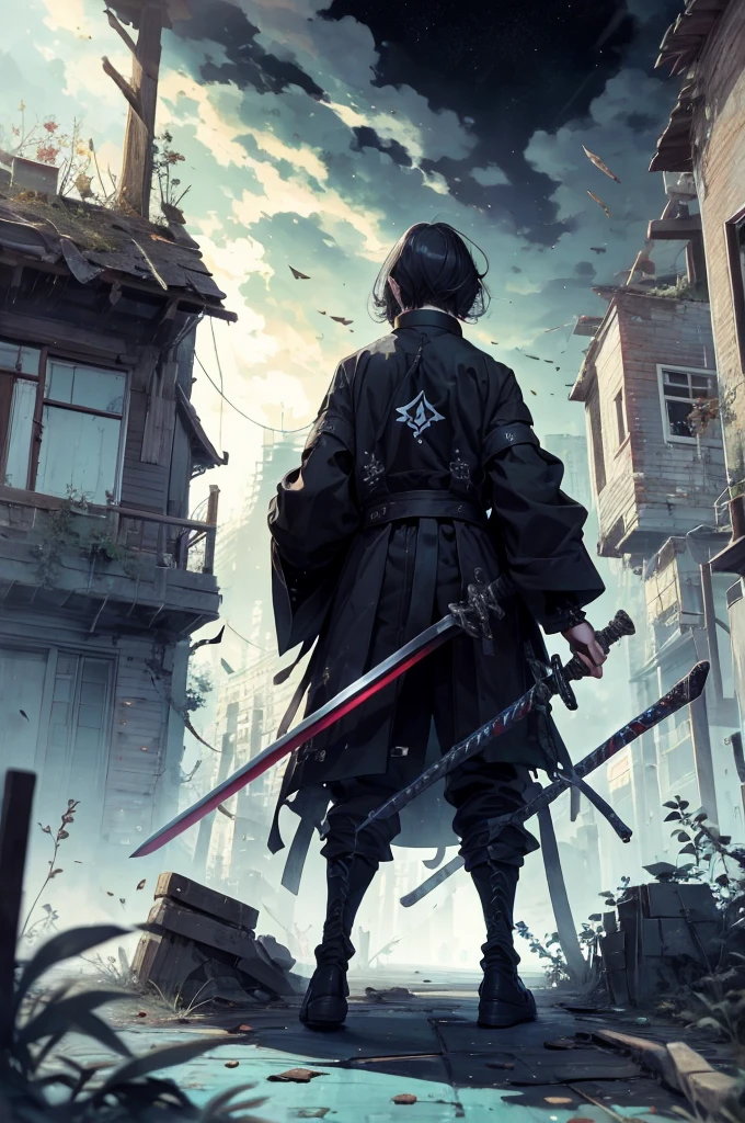 Two boys,A boy with short hair and black hair,Black long-sleeved hanfu,A bald boy,burly build,Bald boy,burly build,Brawny,Brawny,nigth,the night,best qualtiy,Ultra-long viewing angle,A bald boy,Turn your head to look at a person,Back shadow,Black long-sleeved hanfu, Fine Eye, 详细的脸, Detailed eyes,Wield a sword, A sword surrounded by red flames,Wield this sword,full bodyesbian,Ultra-long viewing angle,visto ao longe,from below, Look up, Ruined suburbs,Dilapidated old house,background inside dark,Ultra-long viewing angle,A dilapidated house in the distance,sword-wielding,sword-wielding
