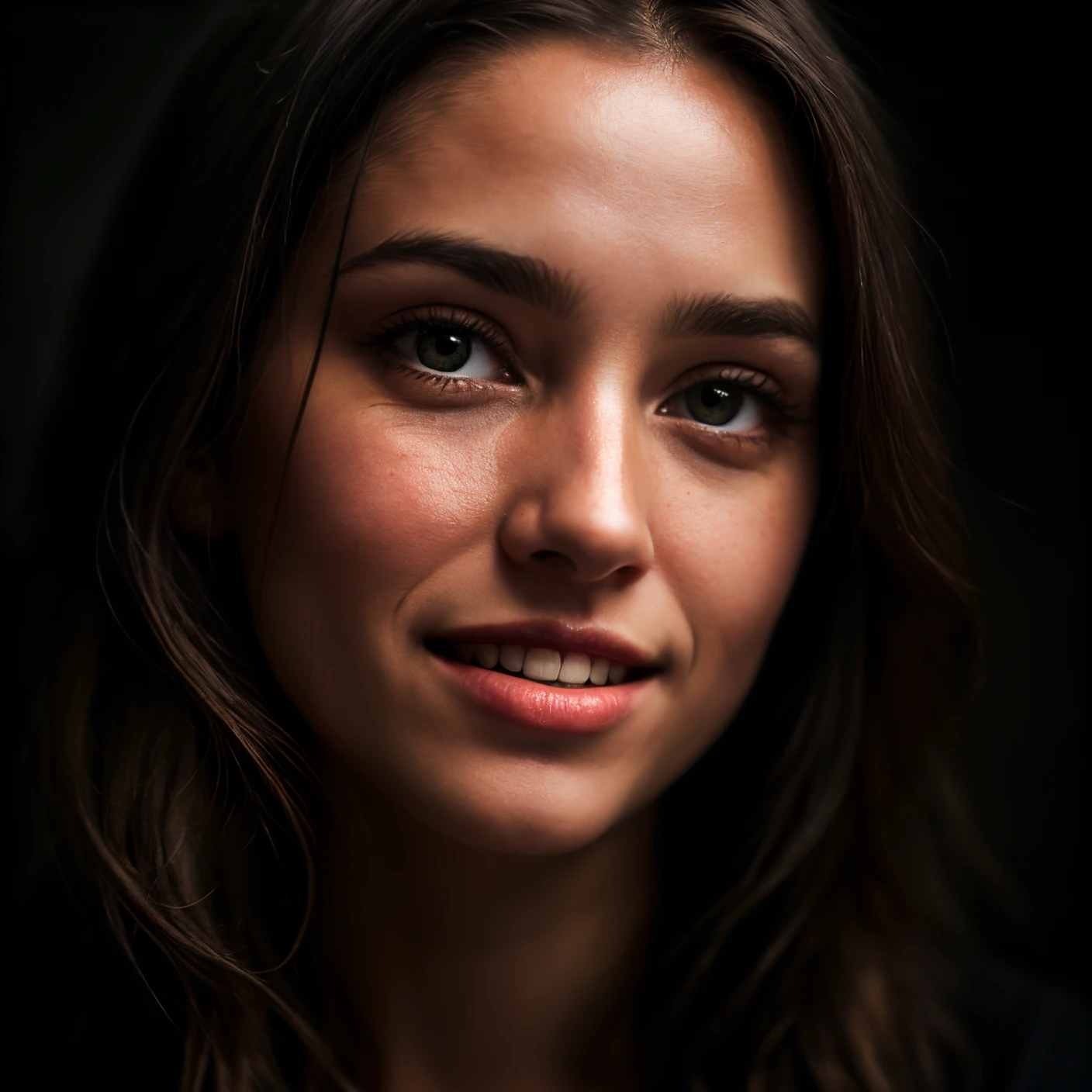 (close-up, editorial photograph of a 21 year old blonde woman, POV, by lee jeffries, nikon d850, film stock photograph ,4 kodak portra 400 ,camera f1.6 lens ,rich colors ,hyper realistic ,lifelike texture, dramatic lighting , cinestill 800,), (highly detailed face:1.4), perfect eyes, realistic iris, perfect teeth, (smile:0.7), (background inside dark, moody, private study:1.3) ,