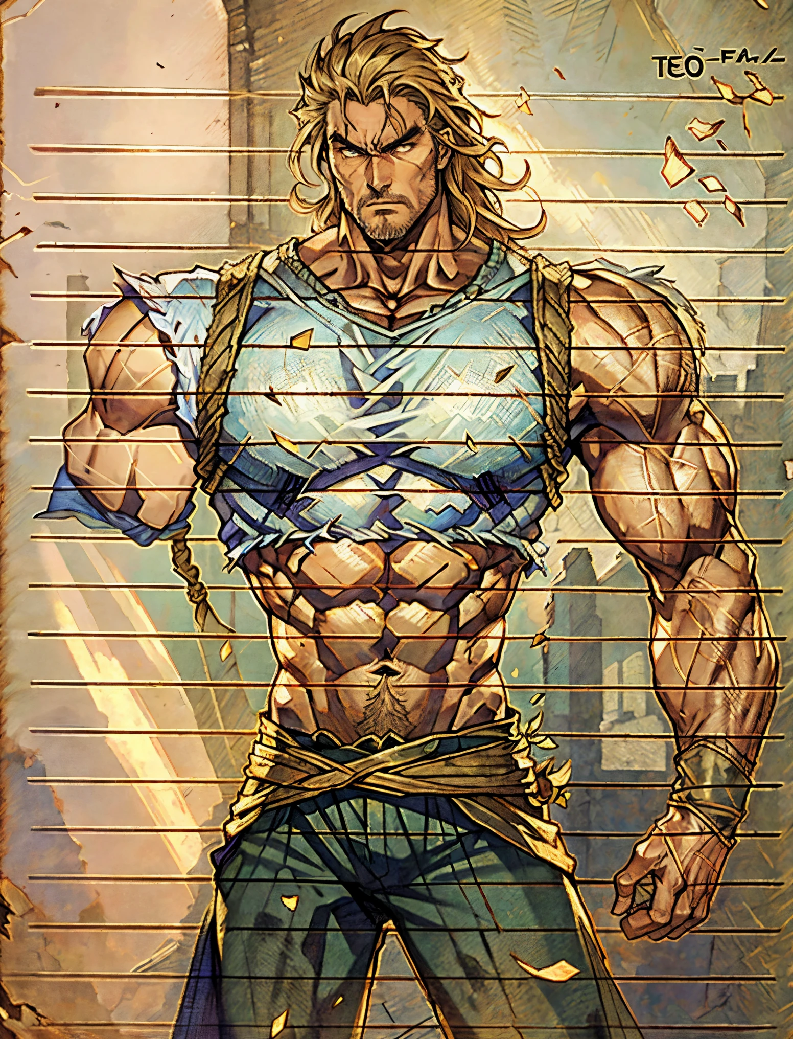 A middle-aged man, dark golden long hair, a wild and unkempt hairstyle, a melancholic gaze, a dignified expression, a tall and muscular physique, a hint of stubble on his face, a fantasy-style tattered clothing, ripped sleeves, reveals his abdominal muscles, one of his arms is missing, a hemp rope is wound around his waist, coarse cloth pants, the background depicts a fantasy-style dilapidated city with crumbling buildings, this character embodies a finely crafted fantasy-realistic style warrior in anime style, exquisite and mature manga art style, high definition, best quality, highres, ultra-detailed, ultra-fine painting, extremely delicate, professional, anatomically correct, symmetrical face, extremely detailed eyes and face, high quality eyes, creativity, RAW photo, UHD, 8k, Natural light, cinematic lighting, masterpiece-anatomy-perfect, masterpiece:1.5
