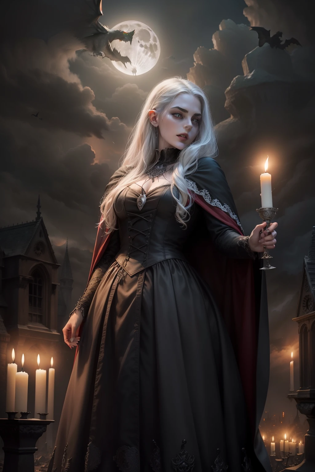 detailed eyes, vampire teeth, ancient castle, dark atmosphere, moonlight, Gothic architecture, misty forest, mysterious cloak, candles, eerie shadows, blood-red sky, medieval weapons, eerie silence, sinister laughter, bats flying, full moon, cobwebs, old manuscripts, ancient spells, haunting melodies, night creatures, flickering torches, secret passages, silver jewelry, vampire fangs, menacing presence, thunderstorm, creepy portraits, crumbling tombstones, dilapidated furniture, stone gargoyle, hidden coffins, forbidden love, eternal darkness, enchanting beauty, supernatural powers, totally naked, big ass, big tits, nude,scantily clad