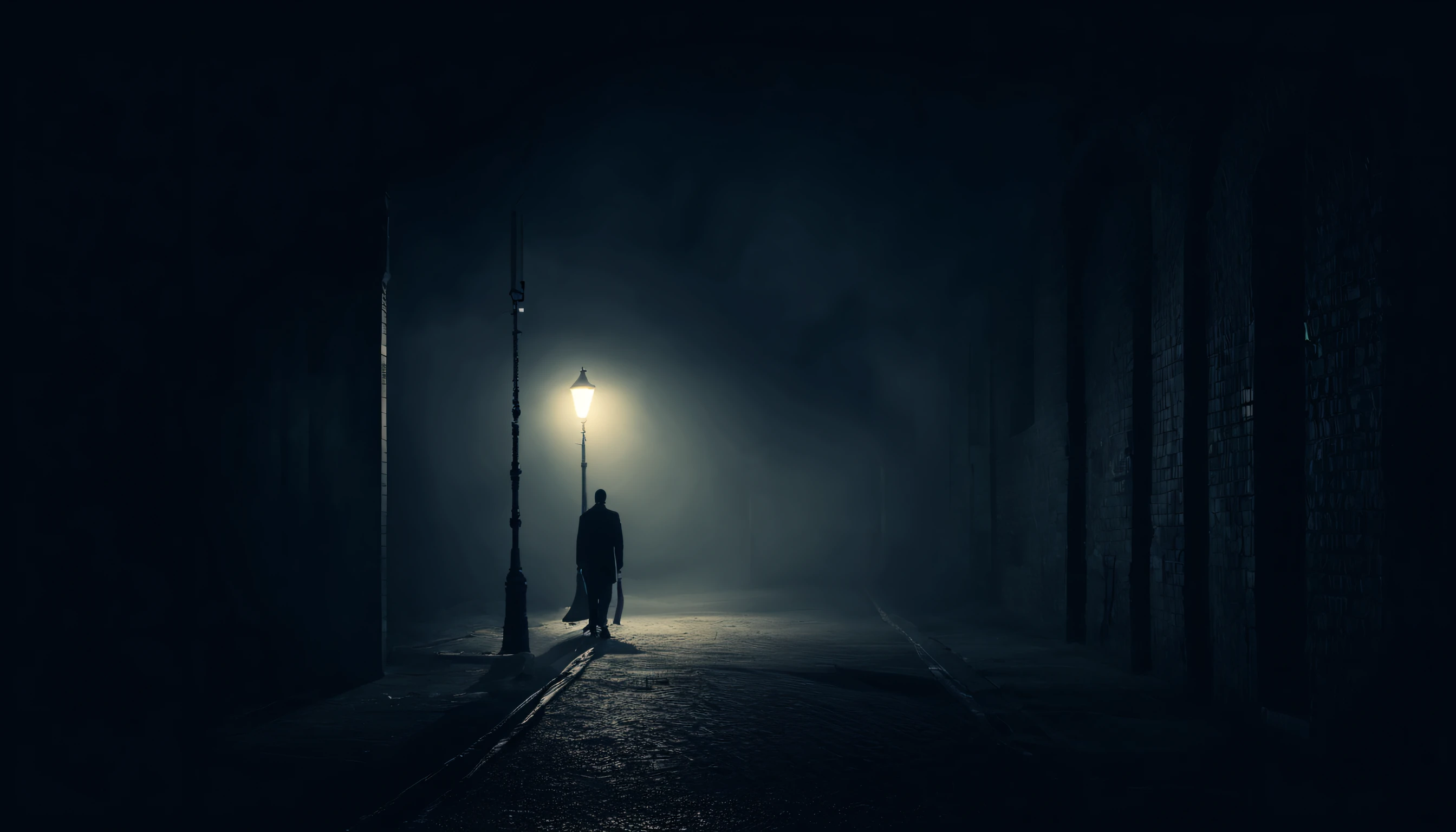 a man is walking alone at night under a flickering street lamp, getting followed by a man (shadow figure), make it dark and spooky looking , and mysterious