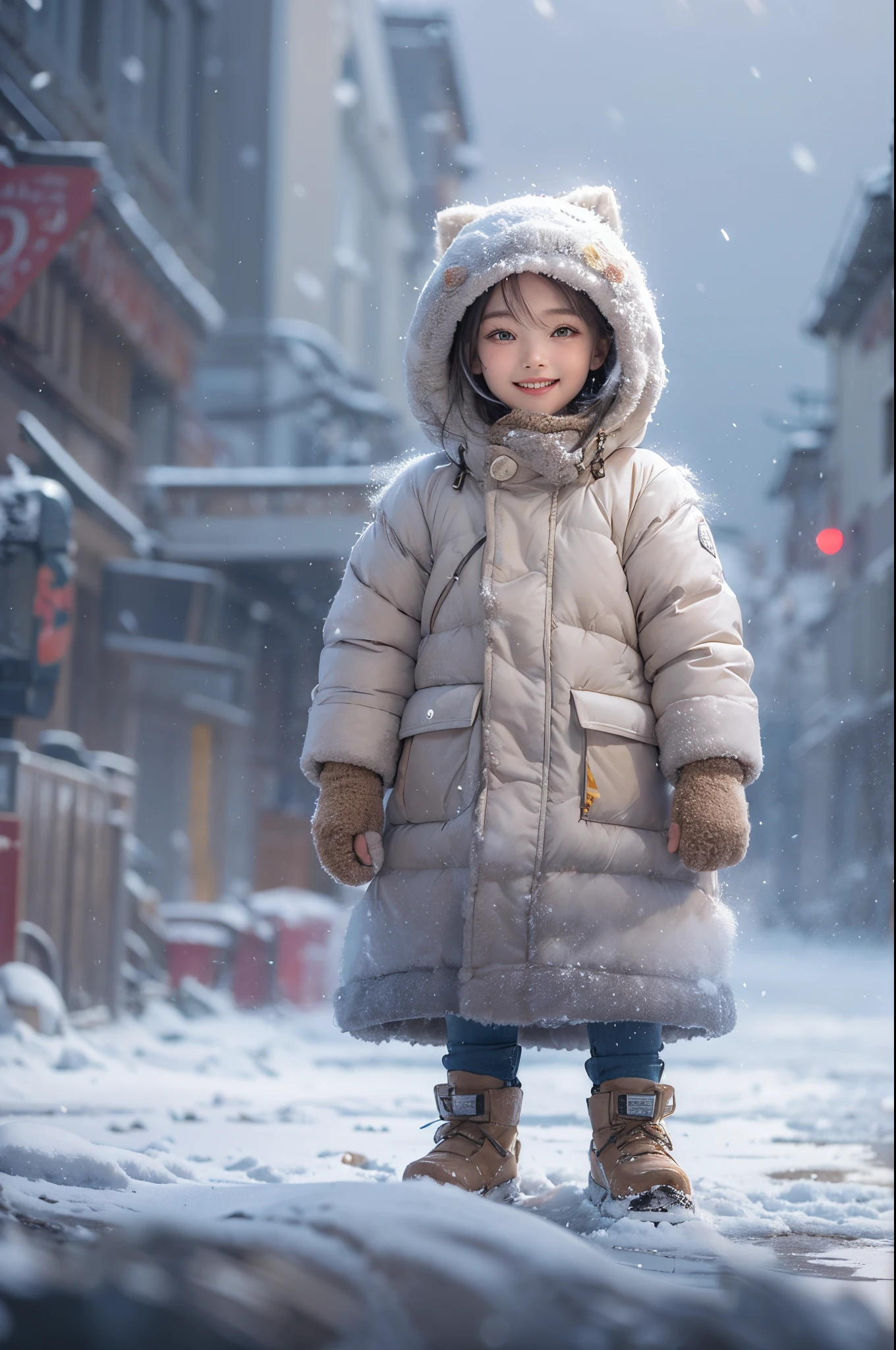 ((top-quality、8K、masterpiece:1.3))、(((1girl in)):1.3),((anatomy correct):1.45)、(Full body:1.5)、(((32years old)))、foco nítido:1.2、(realisitic、Photorealsitic:1.37)、 On a cold winter day, a child with a randoseru on their back stretches on tiptoes, waving their hand with a beaming smile. The surroundings are covered in snow, and the wind blows cold.