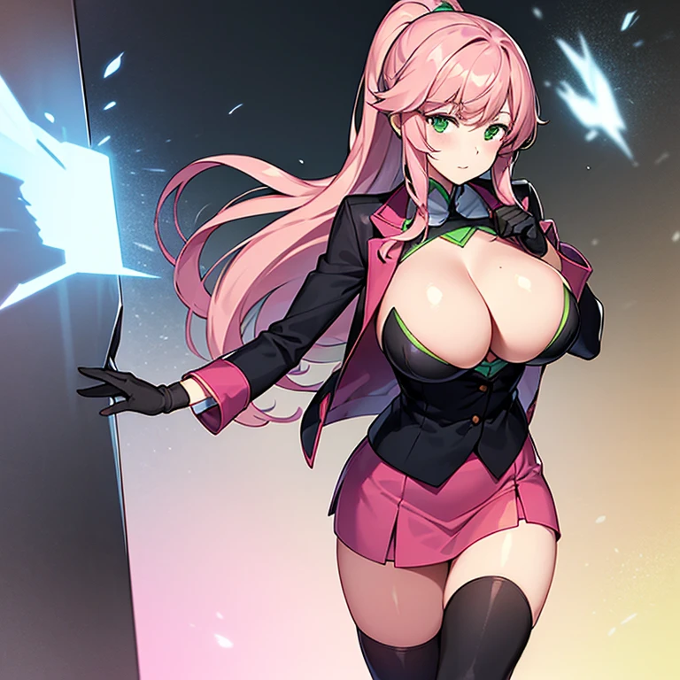 masterpiece,top-quality,feldt grace,heroine of gundam 00,1girl,solo,pink hair,ponytail,wavy hair,outside splash hair,green eyes,beauty,very huge breasts,narrow waist,bust size is 100cm,Beautiful Finger,Beautiful long legs,Beautiful body,Beautiful nose,Beautiful character design,Perfect eyes, Perfect face,black inner,pink jacket,black knee socks,pink skirt,black gloves,black boots,green ribbon,Standing on a green magic circle