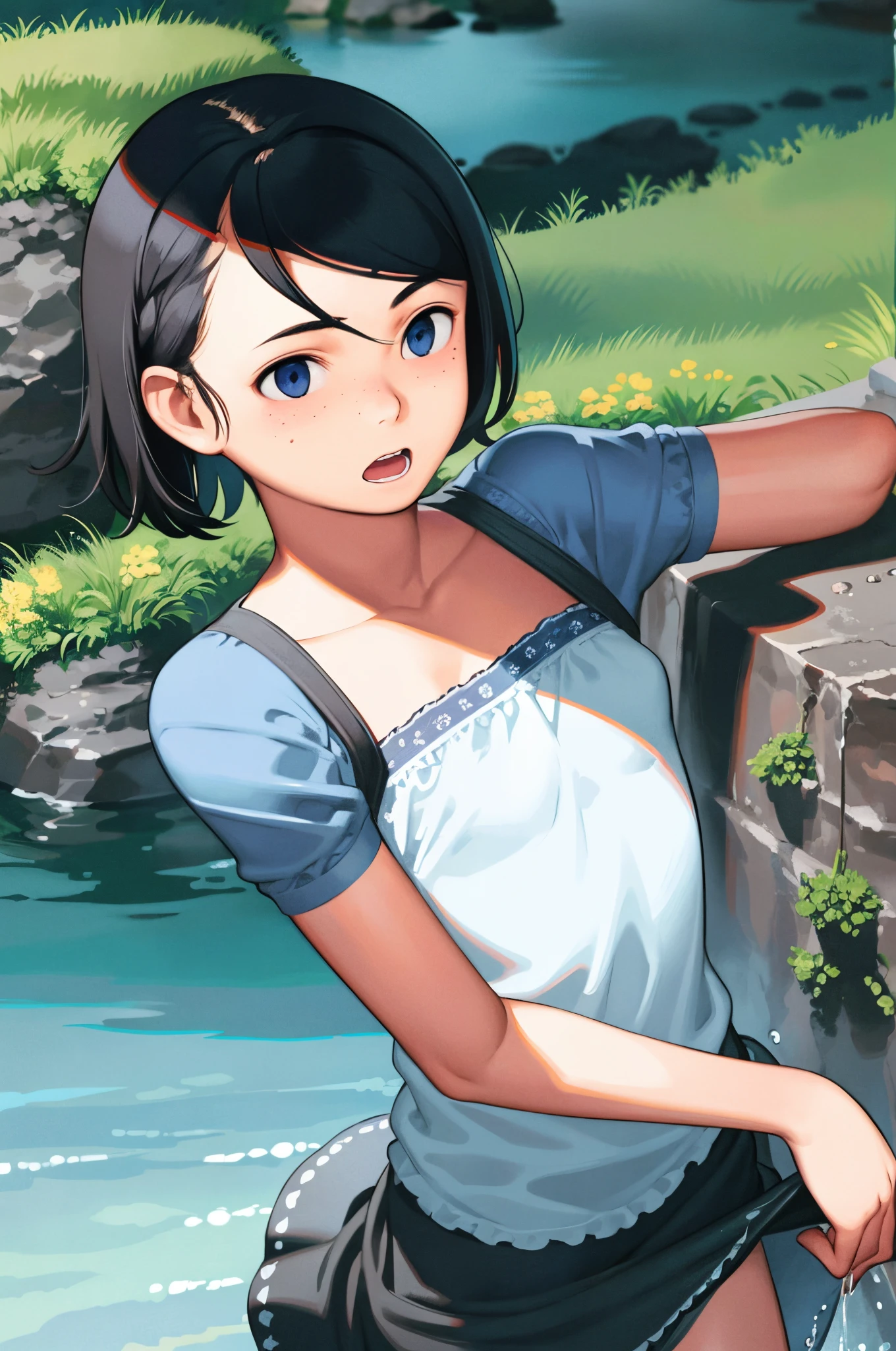 feminine boy, age 25, dark skin, freckles, small blue eyes, high forehead, wild hair, round face, highly detailed, sharp focus, stunningly beautiful, looking at camera, sultry look, masterpiece,masterpiece, best quality, shorts, skirt, river, short hair, dappled sunlight, stream, open mouth, nature, rock, sunlight,