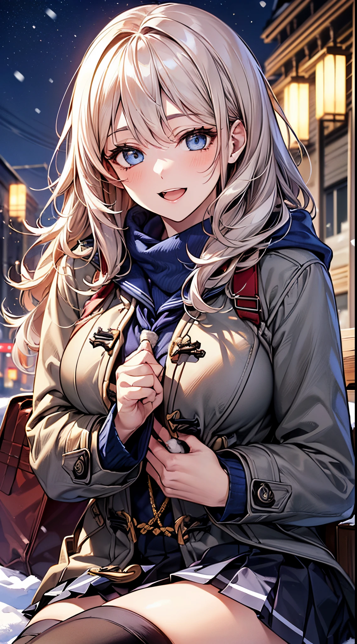 ((((perfect anatomy, super detailed skin)))), 1 girl, japanese, high school girl, shiny skin, large breasts:0.5, looking away, looking up, watching the view, from below, 
beautiful hair, beautiful face, beautiful detailed eyes, (long hair:1.7, side ponytaail:1.5), blond hair, blue eyes, 
beautiful clavicle, beautiful body, beautiful chest, beautiful thigh, beautiful legs, face, mole under eye, 
(((gray duffle coat), ((long sleeves)), all navy sailor suit, navy pleated skirt, navy sailor collar, red sailor scarf, thigh-highs, short boots), school bag, cross necklace), seductive thighs, , 
((smile:1.5, open your mouth wide)), sitting, (((hugging cat))), 
(beautiful scenery), winter, midnight, hokkaido, sapporo, odori park, christmas, (christmas tree), illumination, tv tower, snow, snowfall:1.5, freezing weather, frost, 
(8k, top-quality, masterpiece​:1.2, extremely detailed), (photorealistic), beautiful illustration, cinematic lighting,