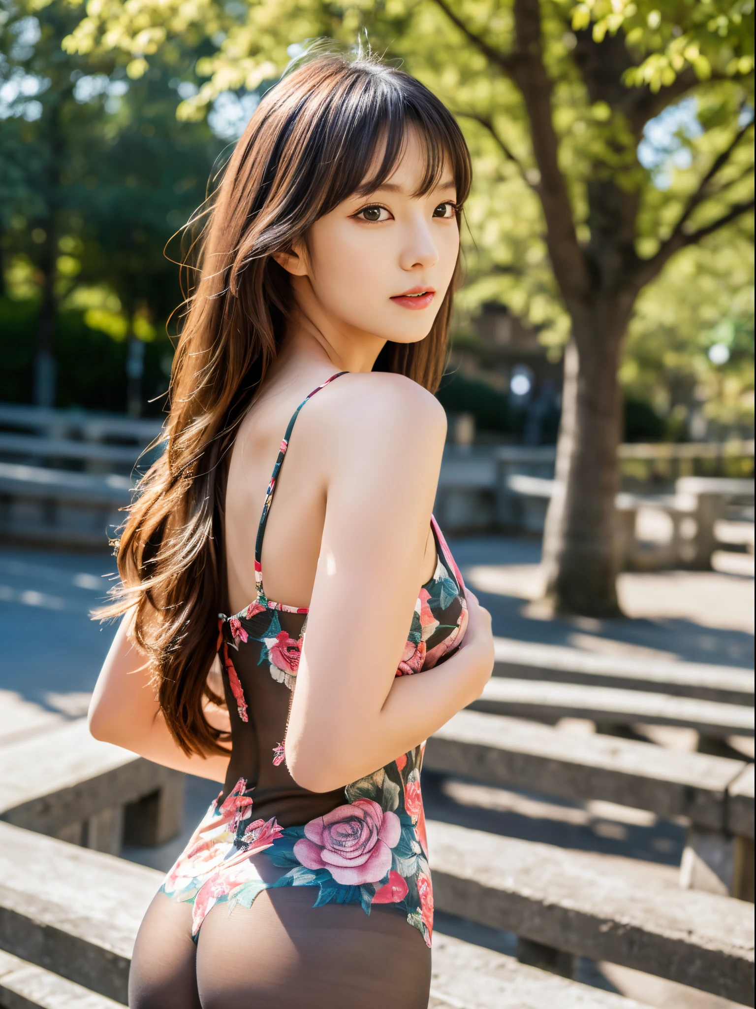 ((Best Quality, 8K, masutepiece: 1.3)), 1girl in, Slender beauty: 1.3, (Long hair: 1.2), Floral dress, Long legs: 1.1, Ultra-realistic pantyhose:1.2, Super fine face, Fine eyes, Double eyelids, plein air
