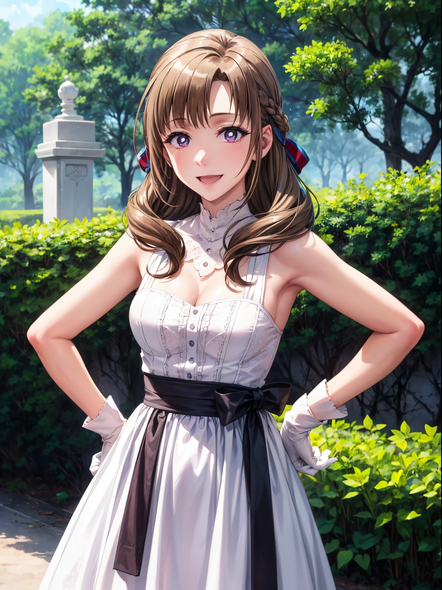 top-quality、 [3D images:1.15],hight resolution、Best Quality, High resolution, front-facing view、1girl in, small tits、Beautiful face, Smile, mamako_oosuki, Long hair, Brown hair, Purple eyes, maturefemale, Bright pupils, bow ribbon, White Gloves, White Dress, cleavage, tussock, absolute reference to center,Cowboy Shot、Hands on the hips、A cute girl no matter who looks、