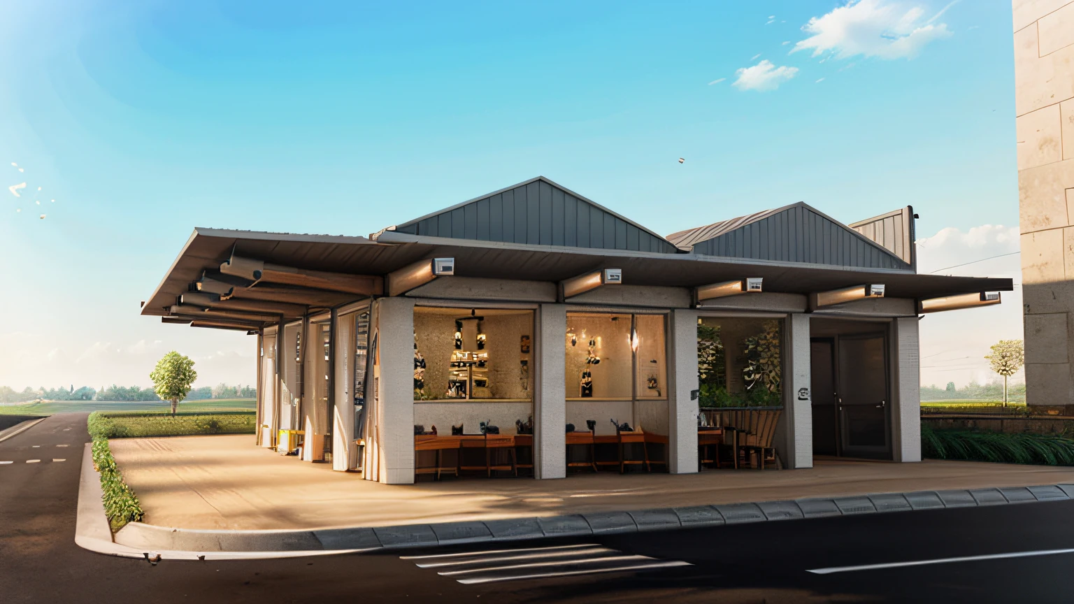 Roadside cafe, airy space, many trees around, good, authentic lighting.