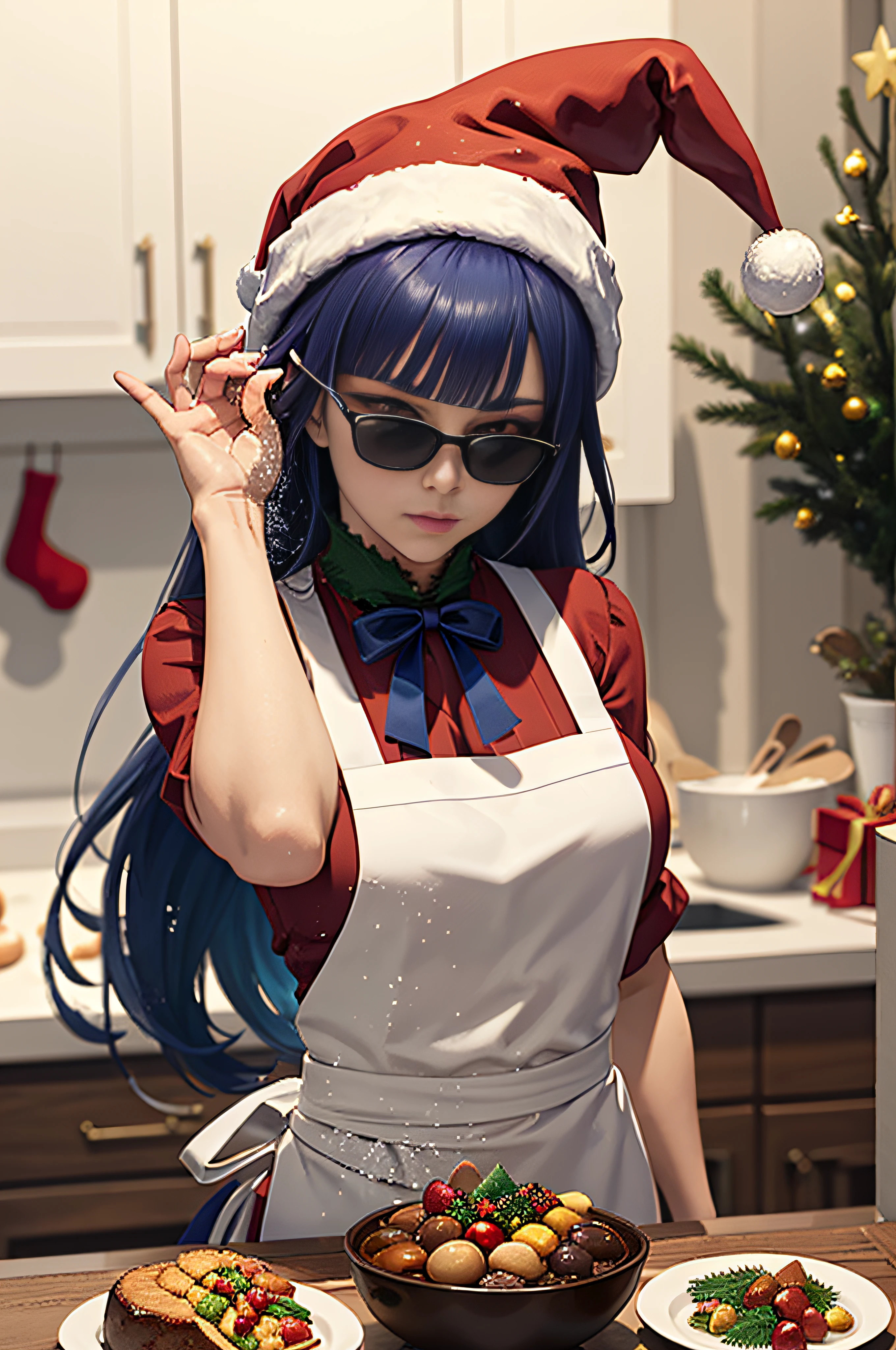 Highly detailed, High Quality, Masterpiece, beautiful, 1girl, solo, SaltBaeMeme, salt, sunglasses, Raiden_Shogun_\(genshin impact\), Raiden_Shogun:1.2, blue hair, long hair, (kitchen with christmas decor), food, terrible food, (christmas hat), medium breasts, kitchen apron,