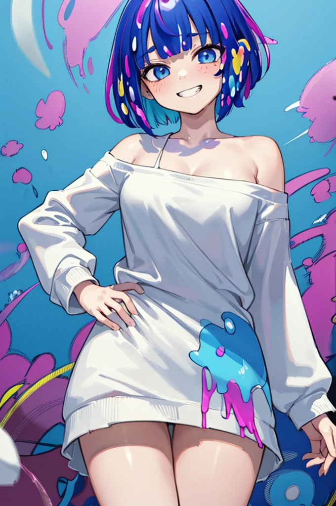 (masterpiece、top-quality、ultra-detailliert、high-resolution illustrations、Ultra-high-definition CG、8k size wallpaper、offcial art、production art)、Skin quality improvement,,((Vivid Color:1.5))、((Fluorescent color)),((doodle:1.7))、((Splatter on clothes:1.7))、((Paint on the body:1.3))、tilt of the head、((colorful fluorescent hair:1.5))、(Face Focus:1.5)、(close to viewer:1.5)、(single bare shoulder sweater long:1.2)、(Eyes are blue)、(girl with)、medium breasts、(Very short hair),(Excited eyes),(Gradient Eyes)、(grinning evily:1.3),(Cowboy Shot),(),(Standing)、(View from below:1.3)