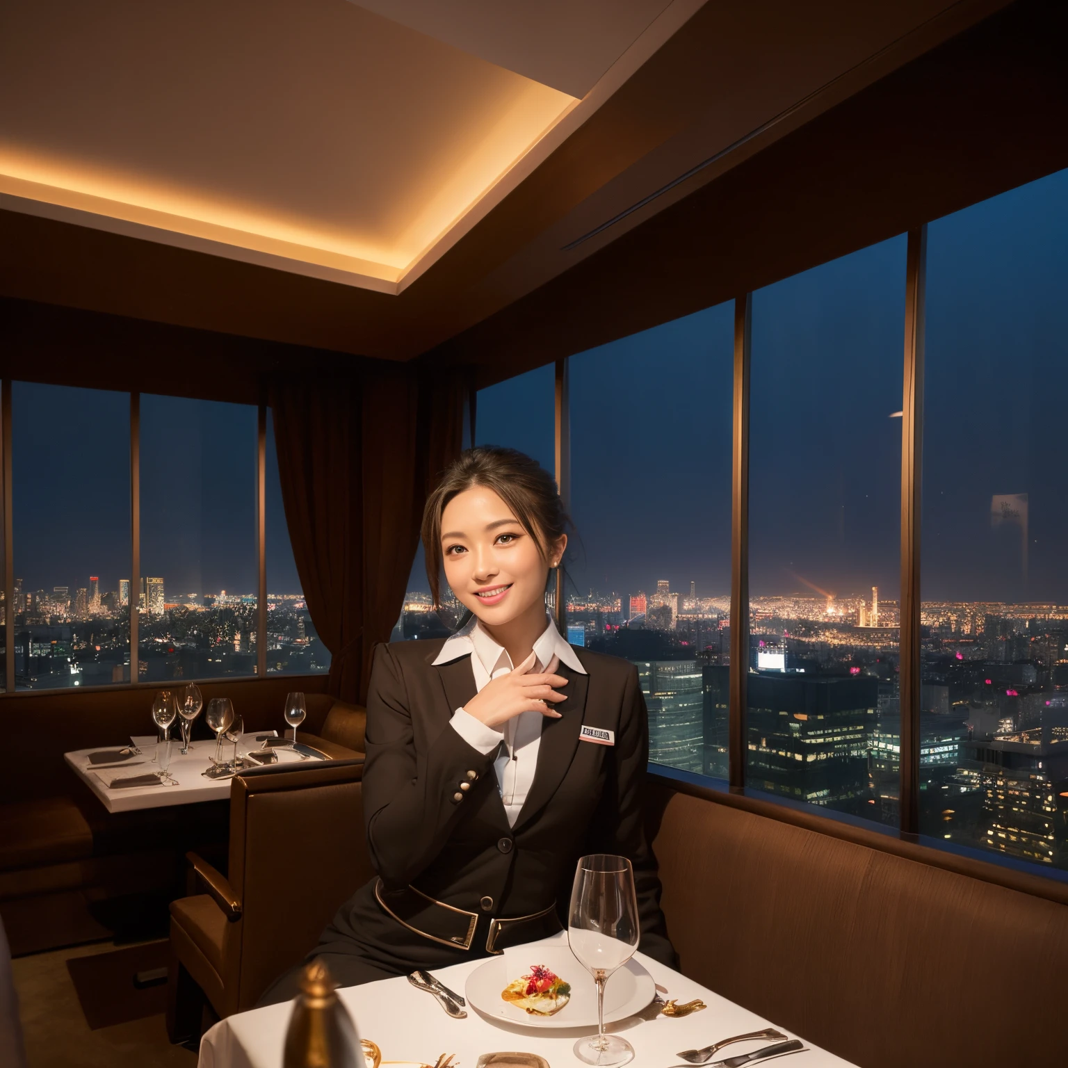 ((top-quality、masutepiece、8K、Top image quality、super-fine))、(1 female stewardess)、(The perfect stewardess uniform:1.5)、chignon、The background is a high-end restaurant on the 40th floor.、High-end restaurant in a high-rise building、gothic and gorgeous、Night view from the large window、Huge windows、Amazing night view from the big windows、Sit in the window seat、While looking at the wonderful night view、The view from the 40th floor is amazing、A very beautiful and complex night view、Luxury restaurant with night view、Very complex and detailed night scene、very classy restaurant interior、gorgeous lighting、Dim lighting、Very elegant and classy lighting、It feels very luxurious、very luxurious atmosphere、The most luxurious and elegant interior、The most exclusive atmosphere in the world))、She's looking at me、Bringing you the happiest smile、Biggest smile、perfect anatomia、A detailed face、Perfect fingers