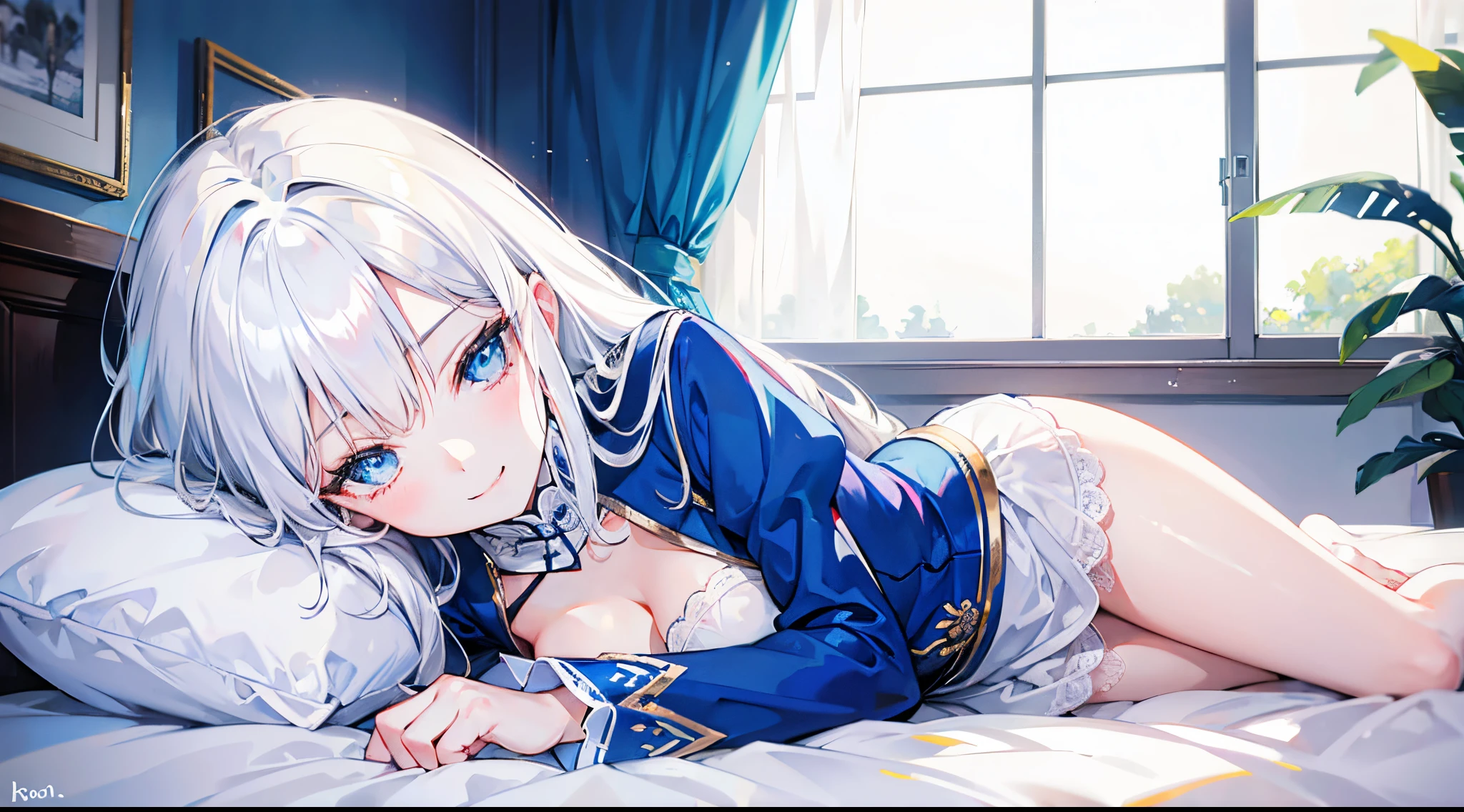 white hair , blue eyes , lay on bed , a woman , smile