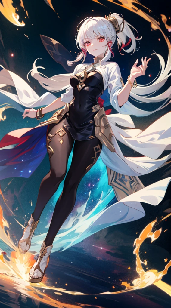 (simple hands:0.5)+(detailed hands:0.7), (masterwork), (best quality), white hair, red eyes,1girl, pale skin, white hair, red eyes, two tone hair, eyelashes, bracelet, jewelry, smile, gleaming skin, shiny hair, detailed and majestic stage, Fantasy, Long Hair, 1 girl, two-tone hair, night sky, Incredibly detailed CG illustration masterpiece, looking at you, anime, beautiful anime eyes, beautiful detailed eyes, eyes, glittering eyes, red eyes, galaxy, nebula, (full body), (curvy),