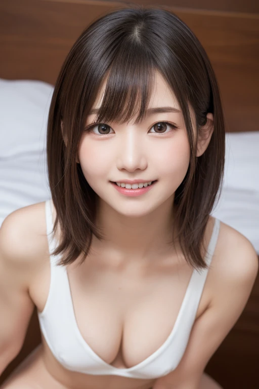 masutepiece, Best Quality, One girl, (Beautiful Girl:1.3), (:1.2), Very fine eye definition, (Symmetrical eyes:1.3), NSFW, (Put out naked, Cute sleeveless:1.3), Beautiful breasts, Brown eyes, Parted bangs, Brown hair, Upper teeth,Bedrooms,A smile,profile,Transverse breasts,Angle seen from the side,Fold your hands behind your back,Full body,