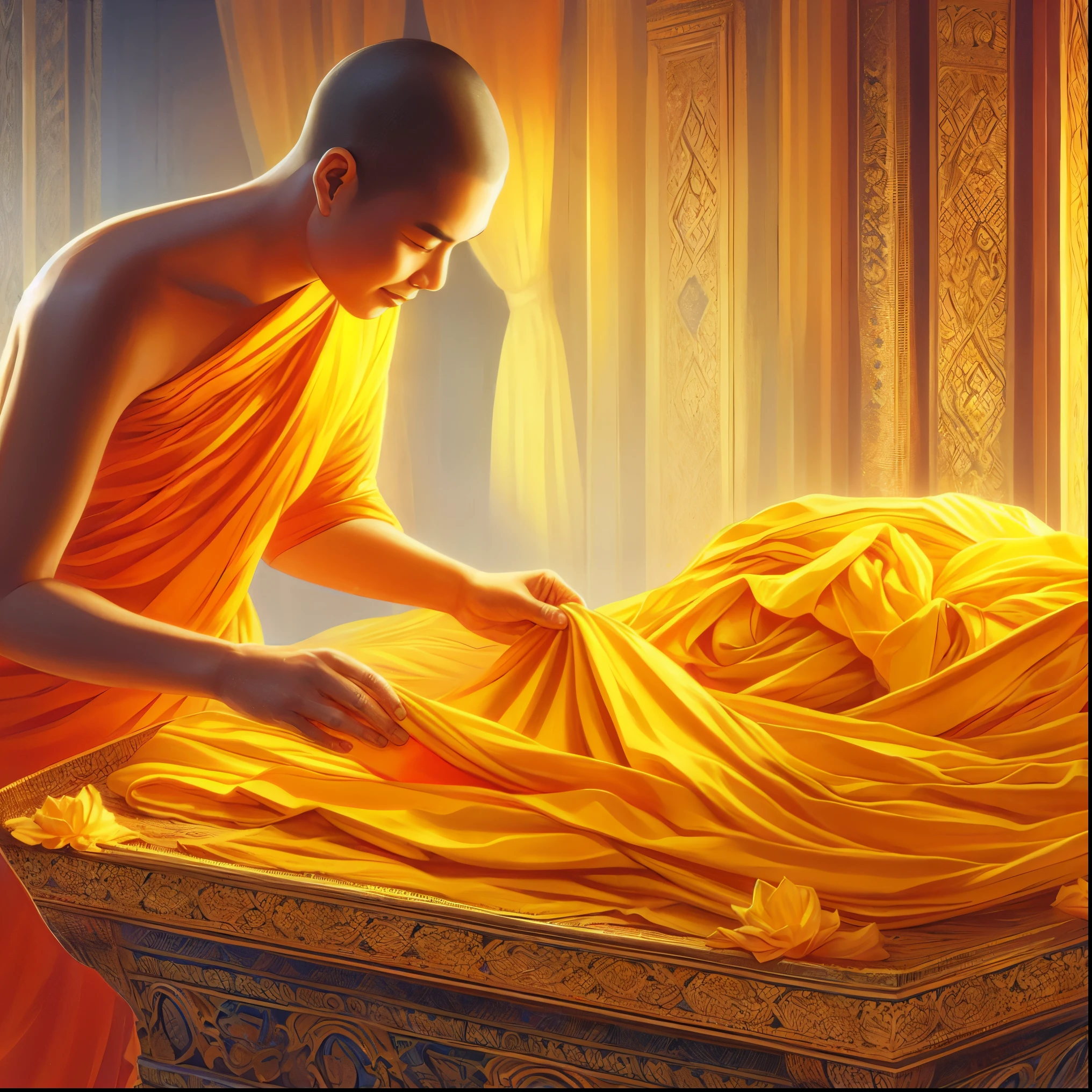 arafed monk in orange robes putting yellow fabric on a bed, monk's robe, golden robes, yellow robes, monk meditate, monk clothes, buddhist monk, yellow robe, buddhist monk meditating, with yellow cloths, samsara, buddhist, lie on a golden stone, gold cloth, monk, wearing flowing robes, golden-white robes, gold clothes