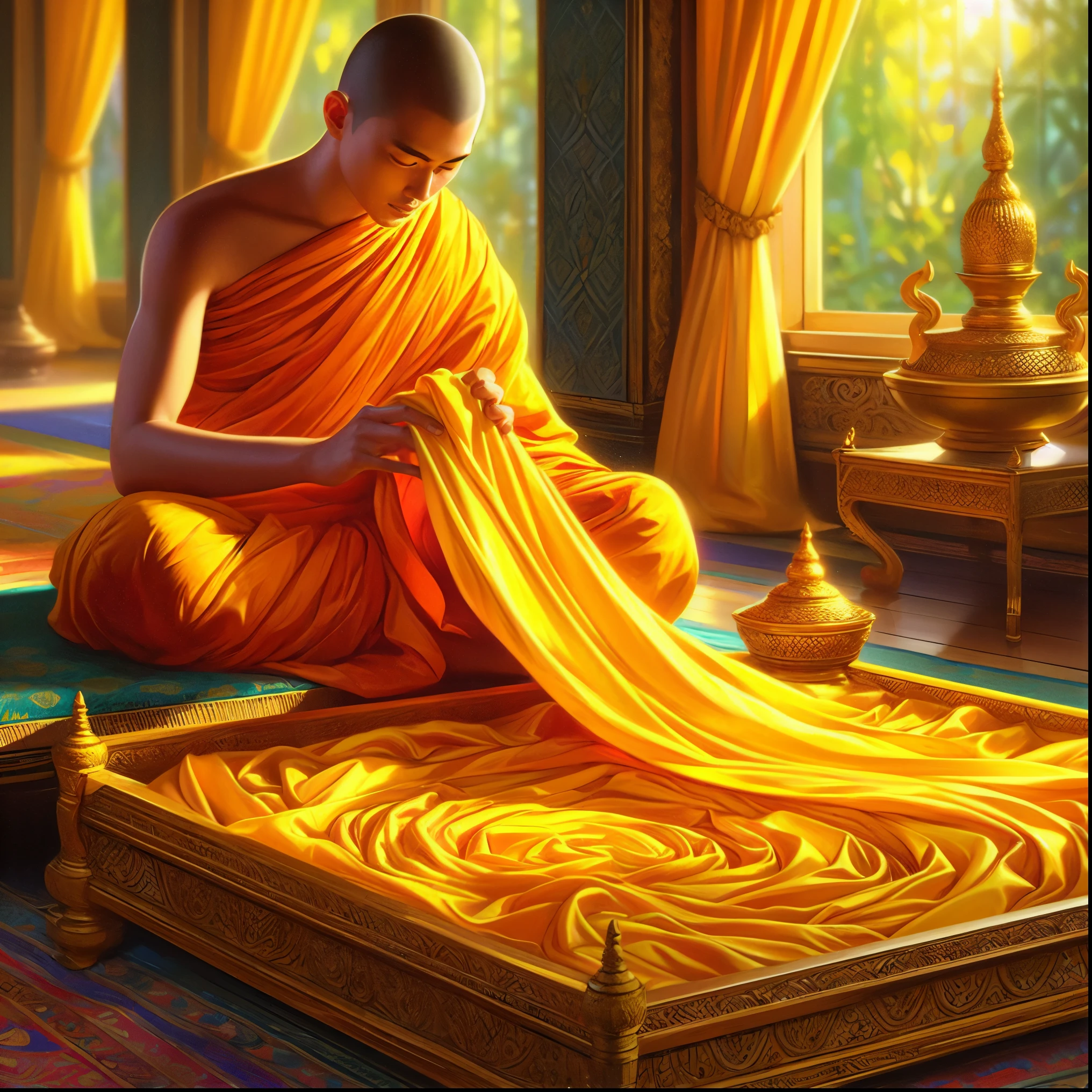 a close up of a person sitting on a floor with a yellow cloth, monk's robe, monk clothes, rippling fabric of reality, golden robes, monk meditate, buddhist monk, buddhist monk meditating, tithi luadthong, gold cloth, yellow robes, thailand art, yellow robe, buddhist, samsara, with yellow cloths, buddhist art, beautiful depiction