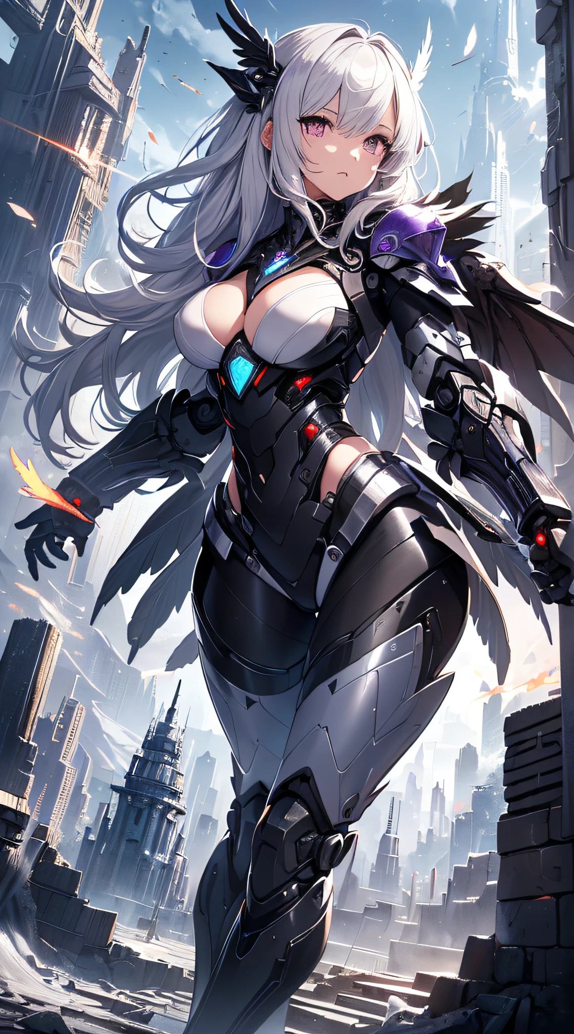 top-quality、Top image quality、masterpiece、girl with((Silver and black mechanical body armor、silver mechanical arm、silver leg arms、Shining red body line、sixteen years old、 ager、cute little、Best Bust、big bast,Beautiful shining purple eyes、Breasts wide open, white hair、black mechanical wings,Longhaire、A slender,Large valleys、belligerent movements,holds a black sword、Leaning forward)),hiquality、Beautiful Art、Background with((Midnight City、Pillar of fire、fluttering white feathers)))、Depth((Black Giant Robot)),masutepiece、depth of fields,Cinematic style
