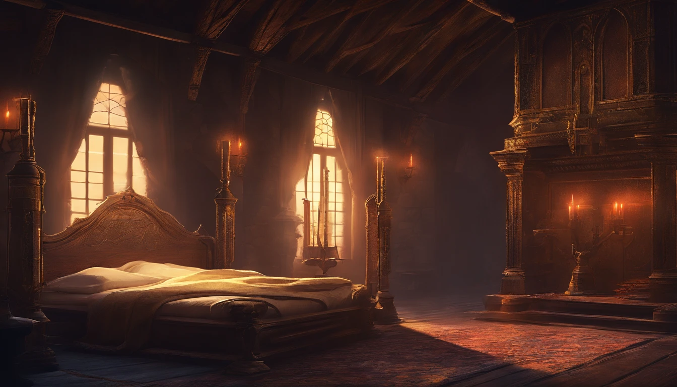 a medieval bedchamber in the night fit for royalty. The atmosphere is calm and empty with feelings of burden and illness, cold colors