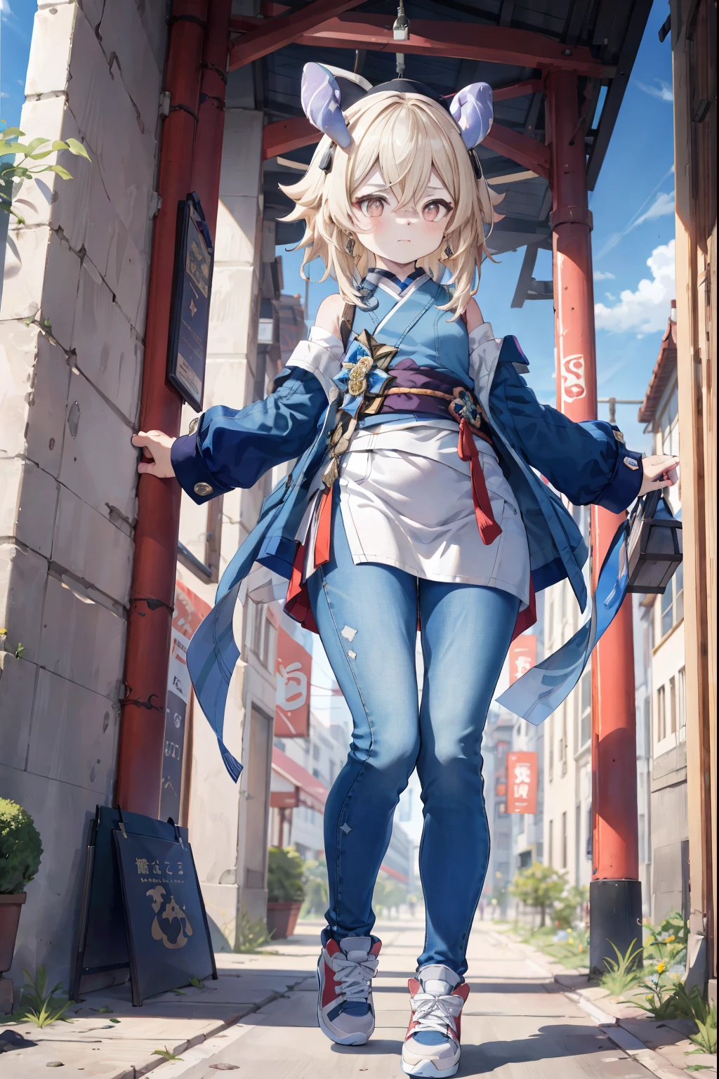Melousine (genshin impact), masterpiece, bestquality,3 girl,young girl, pomelo buds, Ash Blonde, long-haired,unstable _Front,oily shiny skin,flat chest,nice leg line:1.3,thick thighs, thin-waist,, red_streaks_light_wrap_dress, white_platform_sneakers, woven_El_bag, straw_headgear, gold_hoop_earrings, Jacket, Long jeans city scenery,looking at the audience,From Top:1.2,dynamic angle