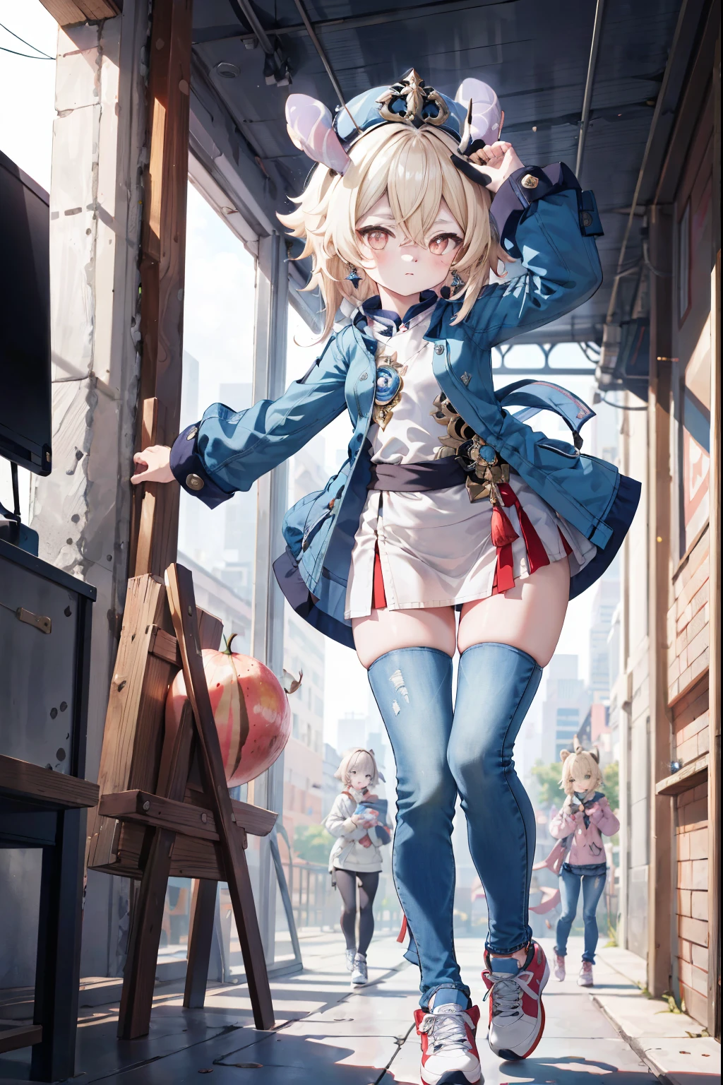 Melousine (genshin impact), masterpiece, bestquality,3 girl,young girl, pomelo buds, Ash Blonde, long-haired,unstable _Front,oily shiny skin,flat chest,nice leg line:1.3,thick thighs, thin-waist,, red_streaks_light_wrap_dress, white_platform_sneakers, woven_El_bag, straw_headgear, gold_hoop_earrings, Jacket, Long jeans city scenery,looking at the audience,From Top:1.2,dynamic angle