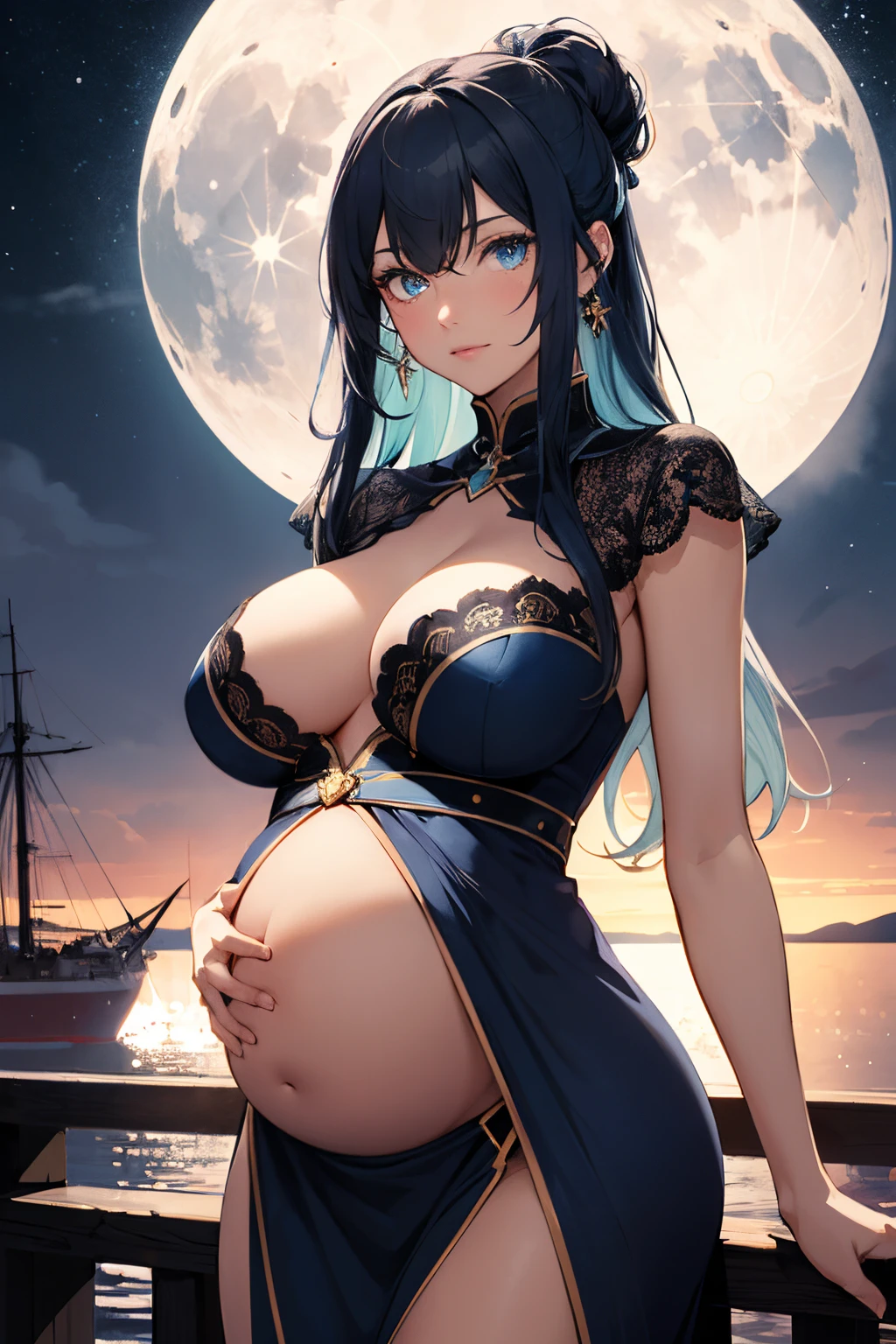 1girl, admiral wear dress, long blue hair, bright blue eye, pregnant, touching belly with her hand, big breast, beauty view, moonlight, skyview, ships, glowing, sidelighting,