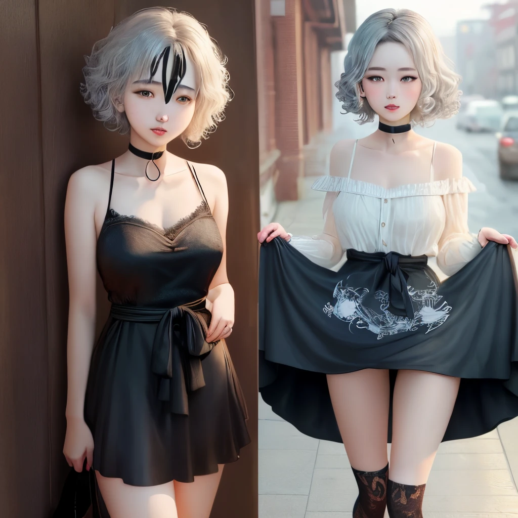 The chest quilt is light brown、Wrapped in finely stitched brocade,A layer of white lace is embroidered on the outside。Next down is a double-layered light brown skirt.,At the very front of the skirt is a pair of delicate little feet wrapped in white silk socks.。Wear cute dark black round toe shoes。A head of curly silver-grey hair,Just shoulder length。Wearing light brown、With dark blue pattern、Black lines、A somewhat complicated one-piece dress with pure white lace。
The neckline of the skirt is very conservative,But still exposed her protruding collarbone。The length of the skirt only reached half of her calf,I can vaguely see those stupid leather shoes and white silk anklets。
Wearing a black leather ring around his neck,Black and white skin contrast sharply,The girl's cold temperament is mixed with a hint of taboo charm.。
The waist is tightened very tightly。The eyelashes are very long。
Beautiful girl with black eyepatch on left eye
