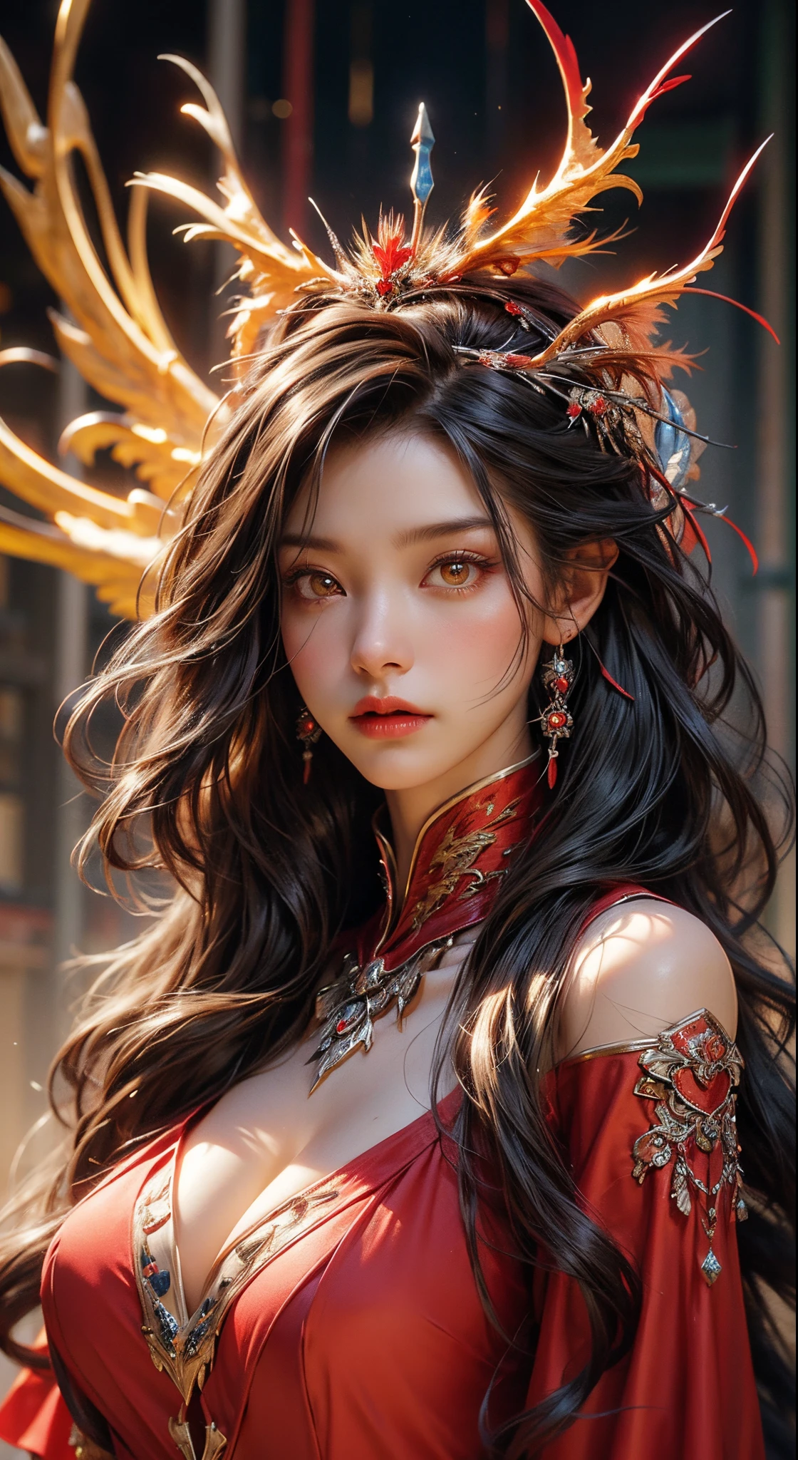 (Best Quality, 4K, 8K, High Resolution, Masterpiece: 1.2), Ultra Detail, (Realistically, Photorealism, Realistically: 1.37), High Dynamic Range, Ultra HD, Studio Lights, Ultra Detailed Pictures, Locked Focus, Physically Based Rendering, Extremely Detailed Description, Professional, Vivid Colors, Bokeh, Beautiful Eyes, Beautiful Delicate Lips, Extremely Detailed Eyes and Face, Long Eyelashes, Supernatural Landscapes: 0.8, Sportswear, David Hockney and Alphonse Mucha's Surreal Female Portraits, Fantasy Art, Photography, Dynamic Lighting, Art Station, Posters, Volumetric Lighting, Vampire Costumes, (Red Phoenix Dress: 1.4), Long Gray Hair, Black Hair Color Hair, Fragmentation, Luxurious Palace, Royal Style, Demon Crown, Intense and Detailed Red Eye Makeup, Most Beautiful Face, Surreal