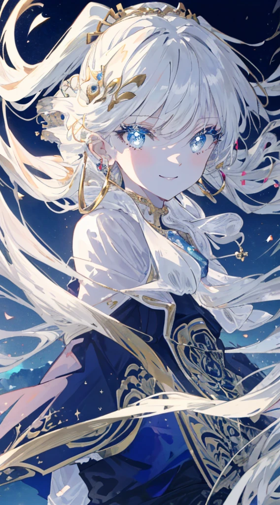 (best quality), looking at you, 1girl, pale skin, white hair, two tone hair, eyelashes, bracelet, jewelry, smile, gleaming skin, shiny hair, detailed and majestic stage, Fantasy, two-tone hair, night sky, Incredibly detailed CG illustration masterpiece,, anime, beautiful anime eyes, beautiful detailed eyes, glittering eyes(upperbody), (curvy),