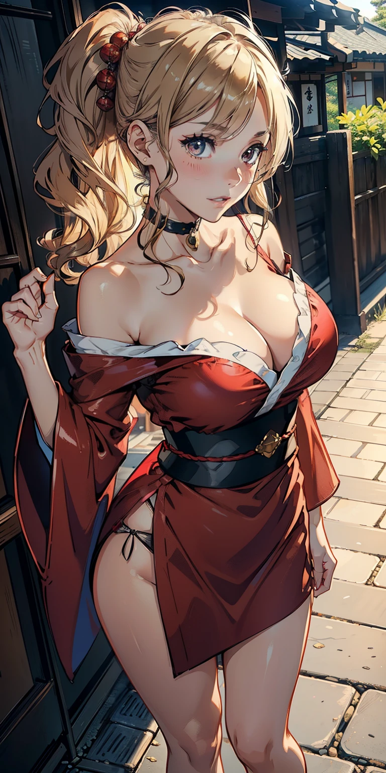 (((Backward view)))(masutepiece:1.3),(((Off-shoulder red yukata)))(((Emphasis on big breasts and cleavage、)))High resolution,Blonde short bob hair、 ultra-detailliert, the Extremely Detailed CG Unity 8K Wallpapers, Realistic, Photorealsitic, Raw photo, beautifull detailed face, pale skin, realistic glistening skin, Detailed Cloth Texture, detailed hair texture, Perfect body, Beautiful face, acurate, Anatomically correct, Highly detailed face and skin texture, Natural neck length, (Beautiful hands), (Fair skin:1.2), thin legs, Thin feet, (Aligned teeth:1.1), 
BREAK, 
Detailed eyes, symmetrical eye, Light brown eyes, Double eyelids, Thin eyebrows, (Glossy lips:1.4), ((Provocative smile:1.2)), (blush:1.1), (Small hair accessories that sparkle:1.1), 
BREAK, 
(Classy and cute girl:1.3),
BREAK, 
medium large breasts, Slender figure, Firm abs, 
((up do hairstyle, Dark blonde hair, Wavy Hair, Long hair, side-swept bangs, stray hair:1.2)), (Close Up Shot:1.2), 
(Look with upturned eyes:1.2), (Focus on Face:1.2), From  above:0.5, 
BREAK, 
Walk through an old Japanese hot spring town