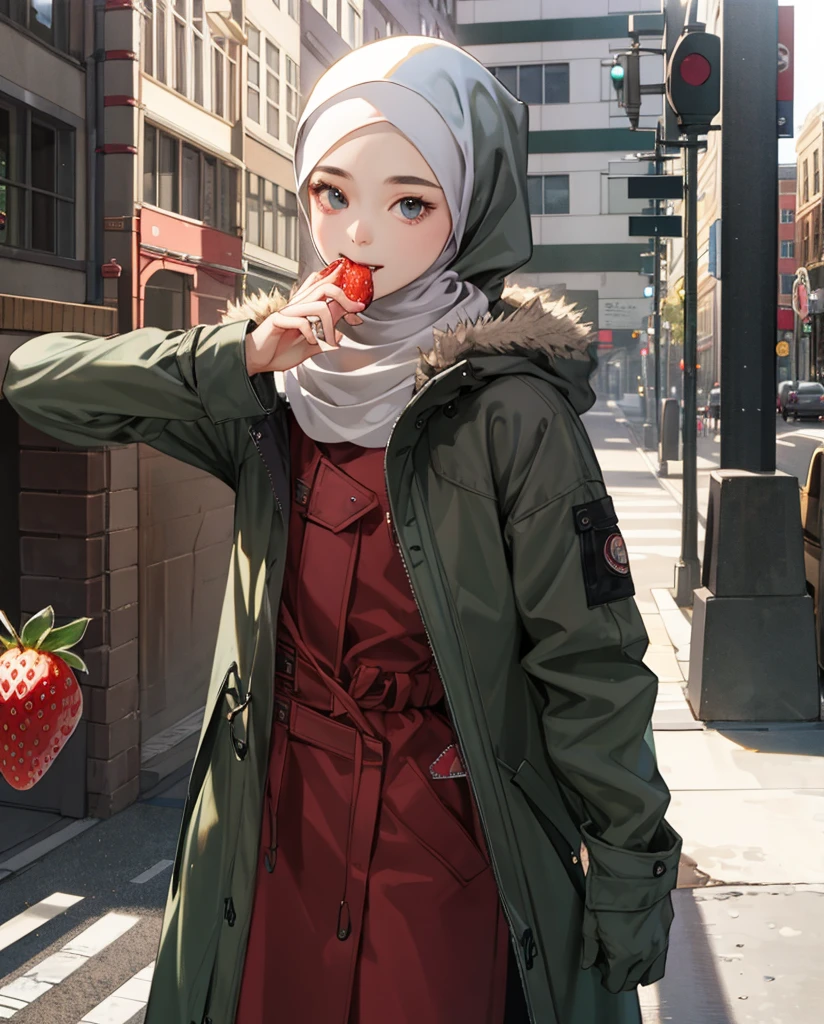 ((Realistic lighting、top-quality、8K、masterpiece:1.3))、focus:1.2、1girl in、perfectbodybeauty:1.4、Slim abs:1.1、((wear hijab))、(parka:1.4)、(outside of house、natta:1.1)、City Street、Superfine Face、Fine Eyes、二重まぶた、cute little、Girl Eating Strawberries