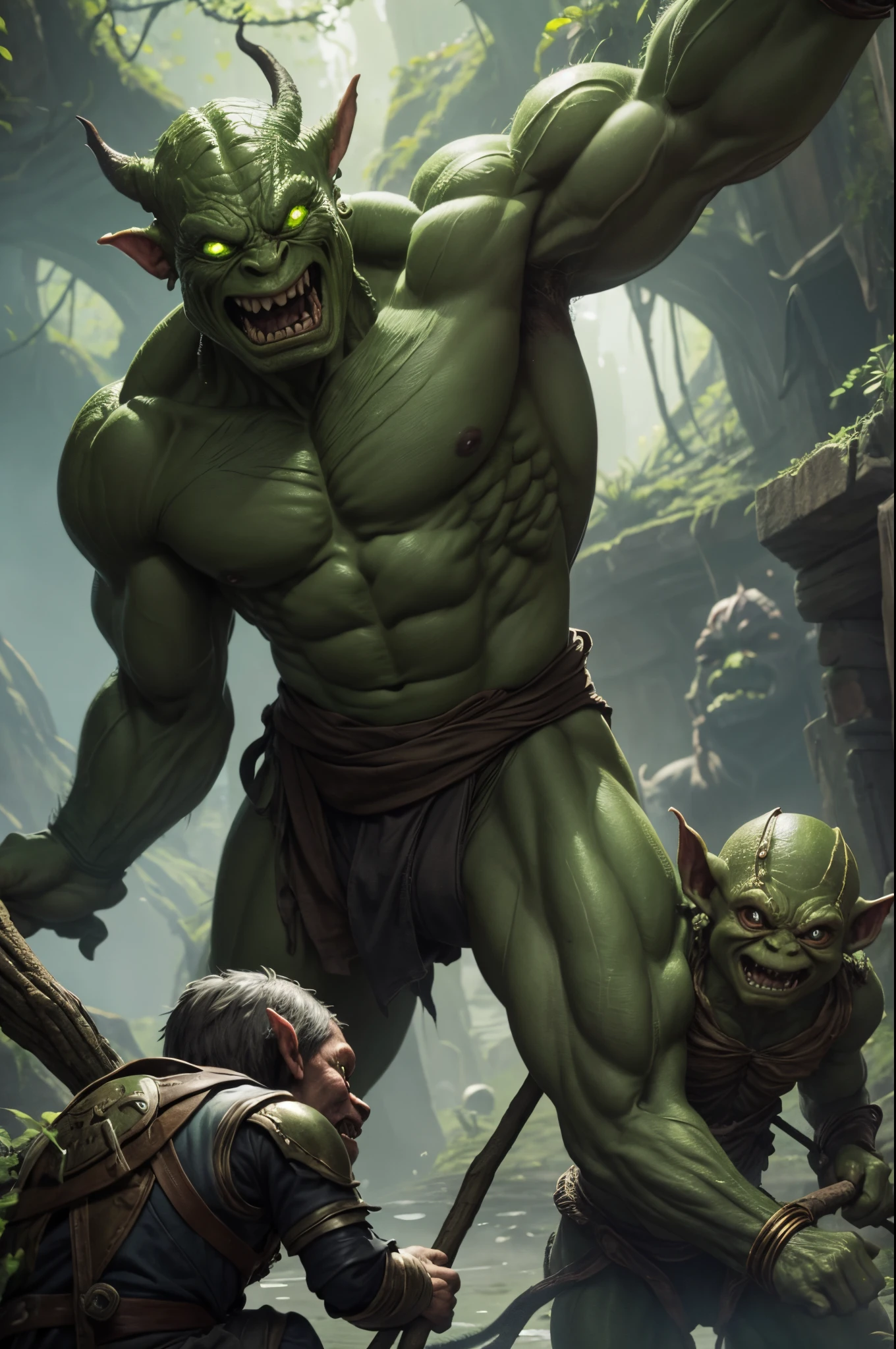8K,1A small green-skinned goblin,(realistic representation)A man in a green costume is holding a stick、dragon fantasy goblin、goblin art、Medium portrait of a goblin、orc themed、goblin portrait、super detailed fantasy characters、Humanoid Creatures、creature concept art、concept creature character art、oak on vines、Ultra-realistic fantasy monsters、Gollum as a titan、weak goblin,超A high resolution,super precise goblin,A hyper-realistic,Fantasyart,small monster,real looking skin,Lifelike texture,Small body,Large number of people,weak,ferocious,attack in groups,