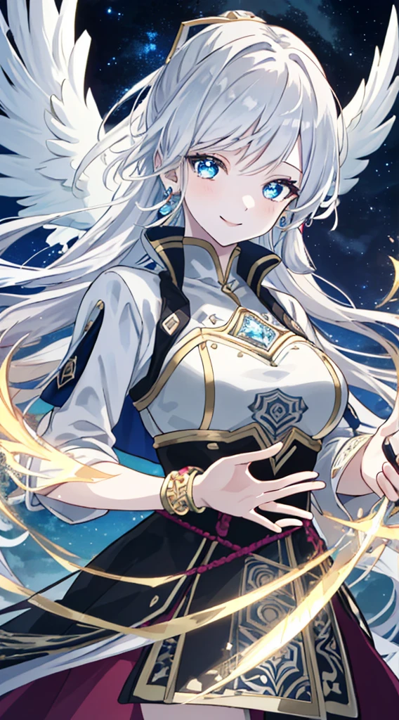 (best quality), looking at you, 1girl, pale skin, white hair, two tone hair, eyelashes, bracelet, jewelry, smile, gleaming skin, shiny hair, detailed and majestic stage, Fantasy, two-tone hair, night sky, Incredibly detailed CG illustration masterpiece,, anime, beautiful anime eyes, beautiful detailed eyes, glittering eyes(upperbody), (curvy),