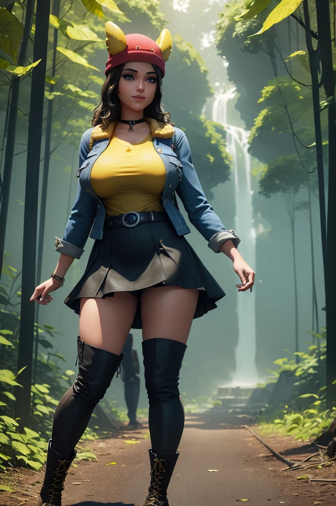 (8k, best quality, masterpiece:1.2), (realistic, photo-realistic:1.37), ultra-detailed, 1 girl,cute, solo, ,beautiful detailed blue eyes, medium wavy hair, standing in a jungle, , smiling, looking at viewer, ,light brown hair, black lips, black lipstick, full body view, , whole body shot, red hat, , , nsfw, choker, yellow shirt, denim jacket, black thigh high boots, black skirt, big breasts, legwear, view on boots