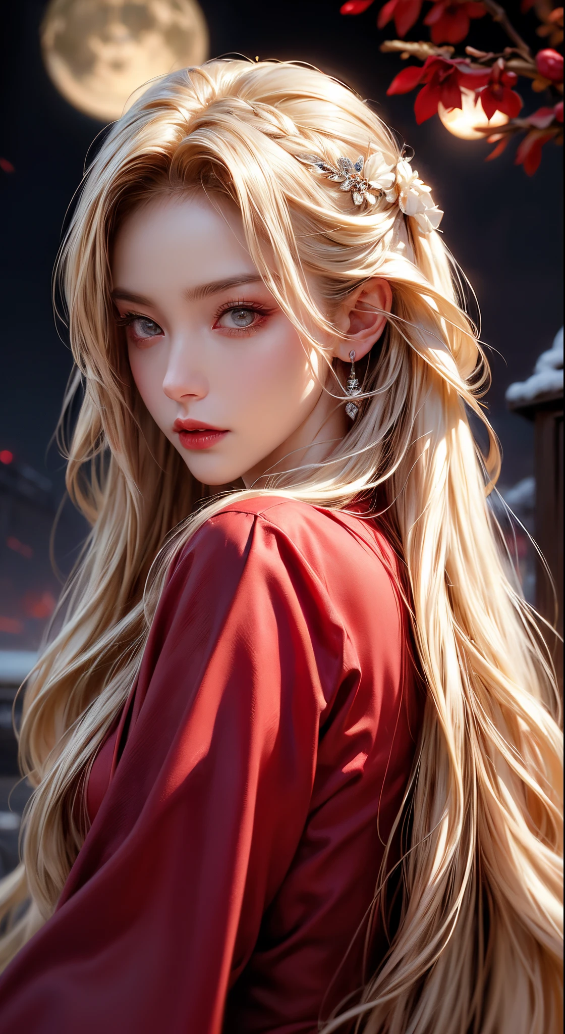 Masterpiece, Best Quality, (Focus Only), (Perfect Face: 1.1), (High Detail: 1.1), (Ultra Detailed Eyes), Dramatic, 1 Man, (Pale Skin), Long Blonde Hair, (Red Iris), Personal Focus, Vampire, Long Hair, Moon, Night, Red Luxury Suit, Pouting, Castle, Detailed Background, Artgerm's Art, Cinematic Lighting, Red Rose, Fashion