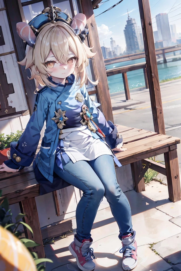 Melousine (genshin impact), masterpiece, bestquality,3 girl,young girl, pomelo buds, Ash Blonde, long-haired,unstable _Front,oily shiny skin,flat chest,nice leg line:1.3,thick thighs, thin-waist,, red_streaks_light_wrap_dress, white_platform_sneakers, woven_El_bag, straw_headgear, gold_hoop_earrings, jacket, long jeans city scenery,looking at the audience,From Top:1.2,dynamic angle