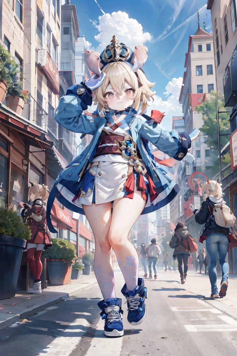 Jean, Genshin, Giantess, Best Quality, Highly Detailed, Masterpiece, Ultra Detailed, Illustration, incredibly_absurdres, Full Body, bright_eyes, Snow, Pleated Skirt, Starry Sky, Boots, Bare Thighs, City, Mountain, In Winter, Grove