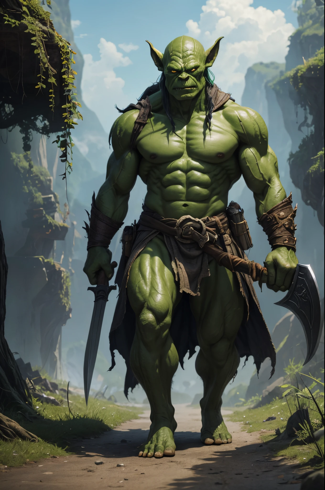 8K,1A small green-skinned goblin,(realistic representation)A man in a green costume is holding a crude axe.、dragon fantasy goblin、goblin art、Medium portrait of a goblin、orc themed、goblin portrait、super detailed fantasy characters、Humanoid Creatures、creature concept art、concept creature character art、oak on vines、Ultra-realistic fantasy monsters、Gollum as a titan、weak goblin,超A high resolution,super precise goblin,A hyper-realistic,Fantasyart,small monster,real looking skin,Lifelike texture,Small body,Large number of people,weak,ferocious,attack in groups,