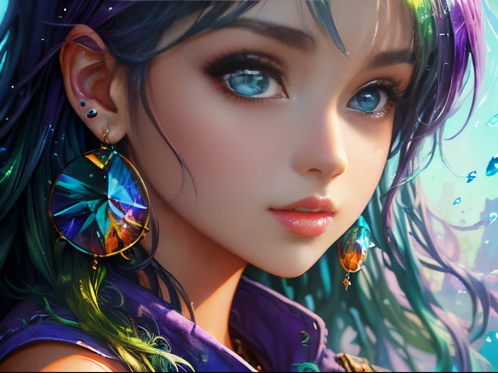 ((top-quality)), ((masterpiece)), ((realisitic)), (detaileds),animesque、anime styled、 (1人の女性)Earrings only accessories、Close up portrait of woman with greenish-purple hair color、Beautiful shining eyes, Like crystal clear glass、Casual sleeveless without collar、Summer clothes、4K high-definition digital art、stunning digital illustration、Stunning 8K artwork、colorfull digital fantasy art、Colorful and bright、beautiful digital works of art、Colorful Digital Anime Art、Portrait of beautiful woman、8K HD Digital Wallpaper Art、 Gorgeous Digital Painting